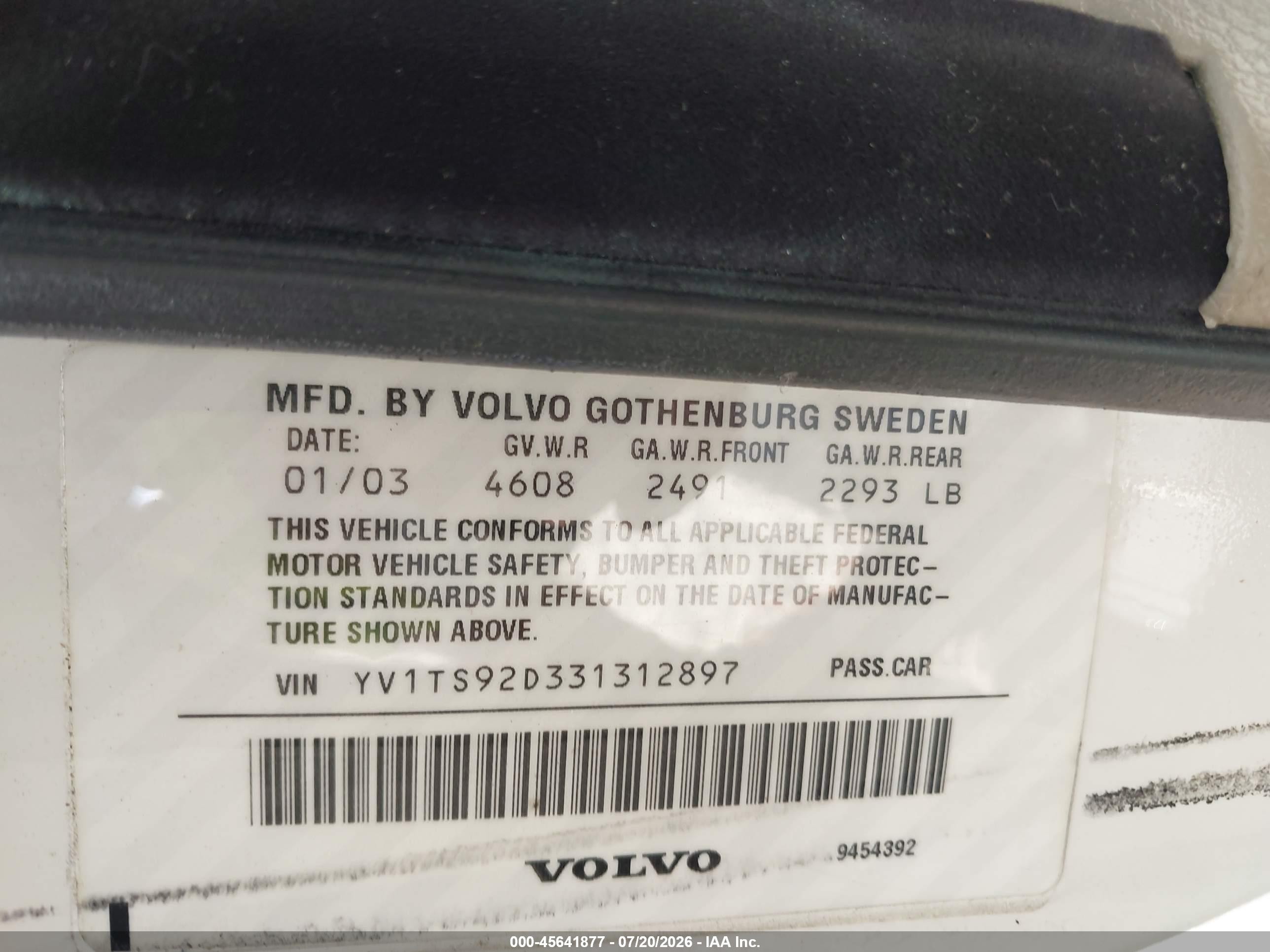 2003 Volvo S80 2.9l Белый vin: YV1TS92D331312897