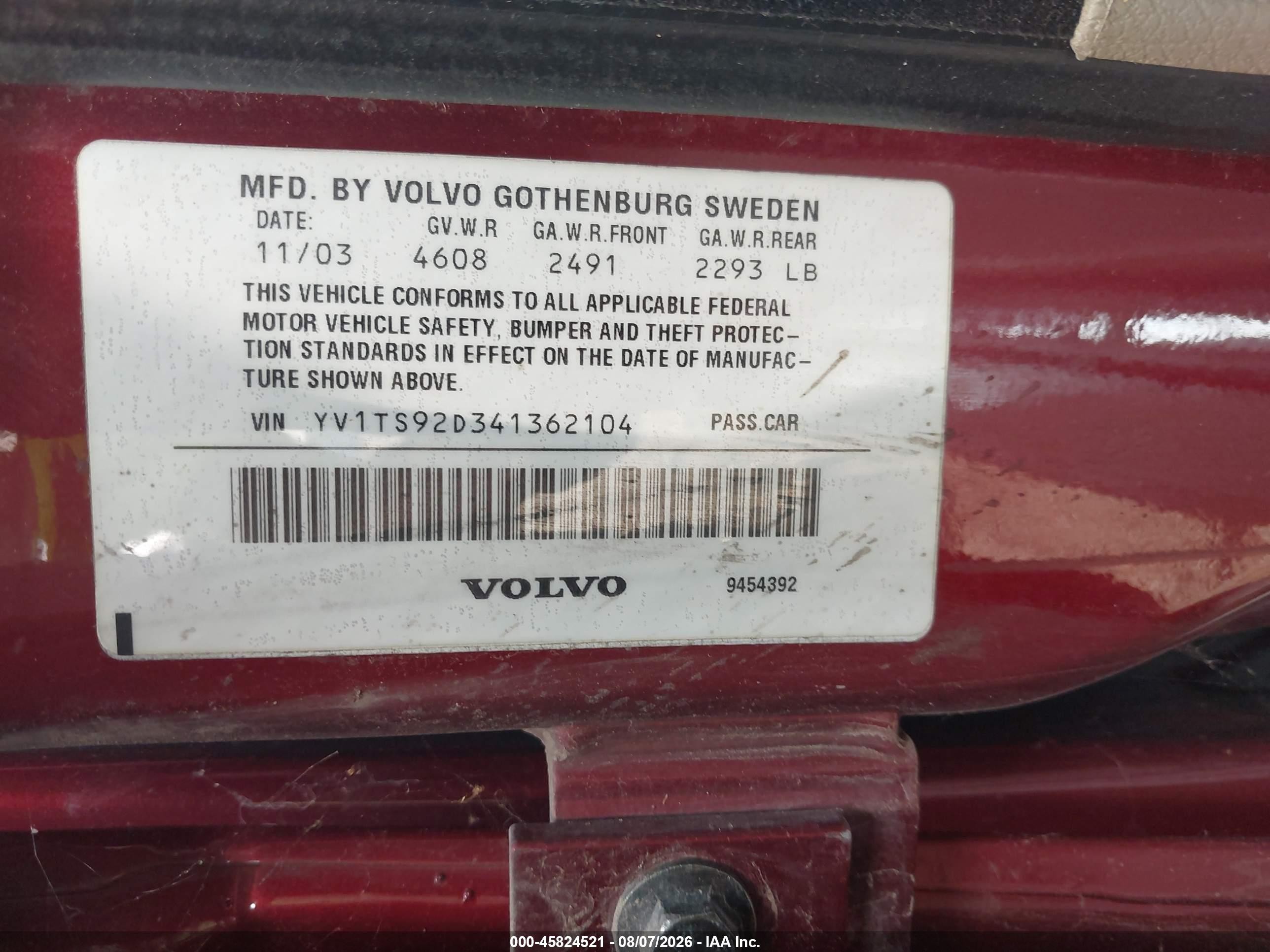 2004 Volvo S80 2.9 Red vin: YV1TS92D341362104