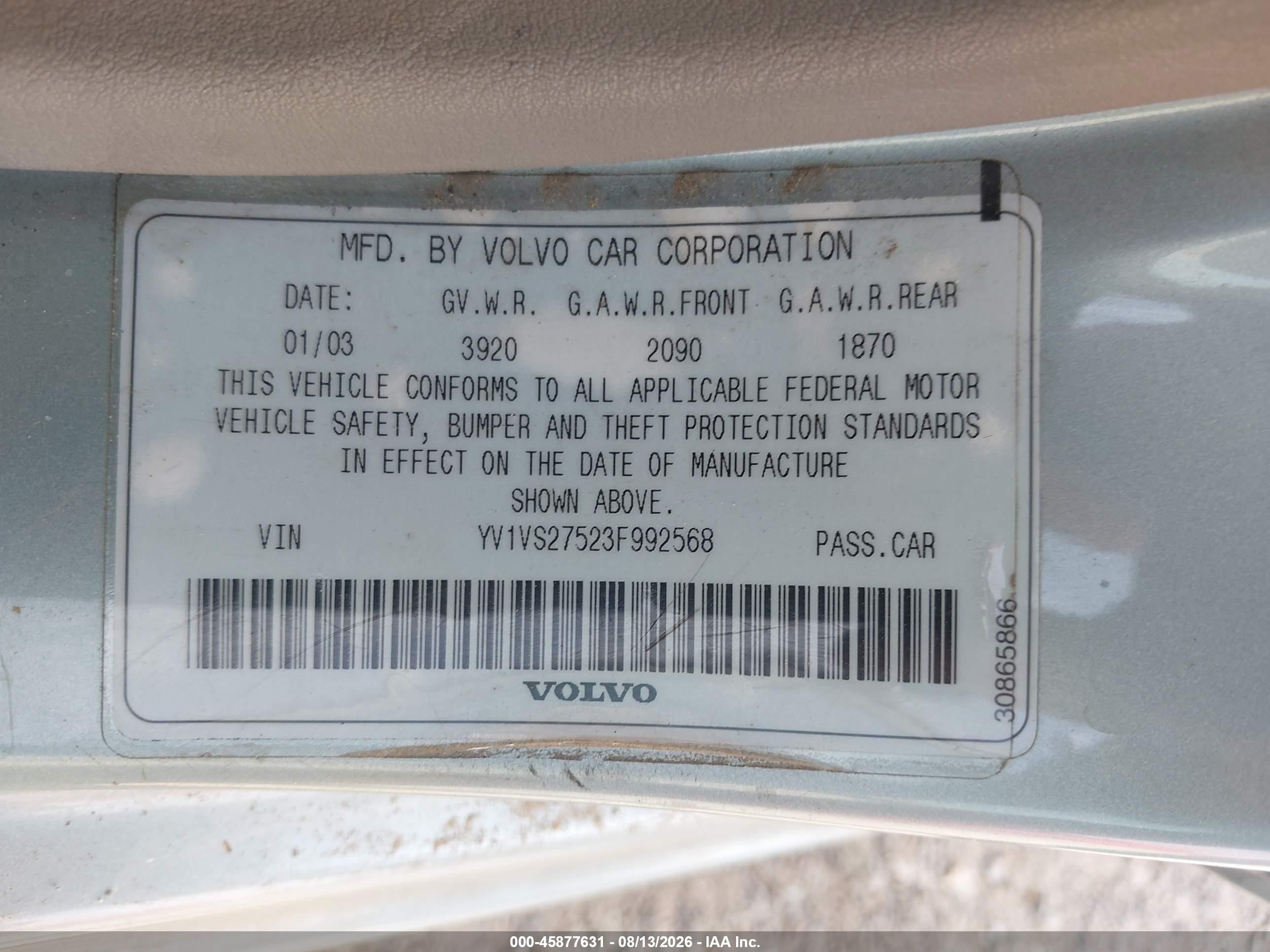 2003 Volvo S40 A Серебряный vin: YV1VS27523F992568