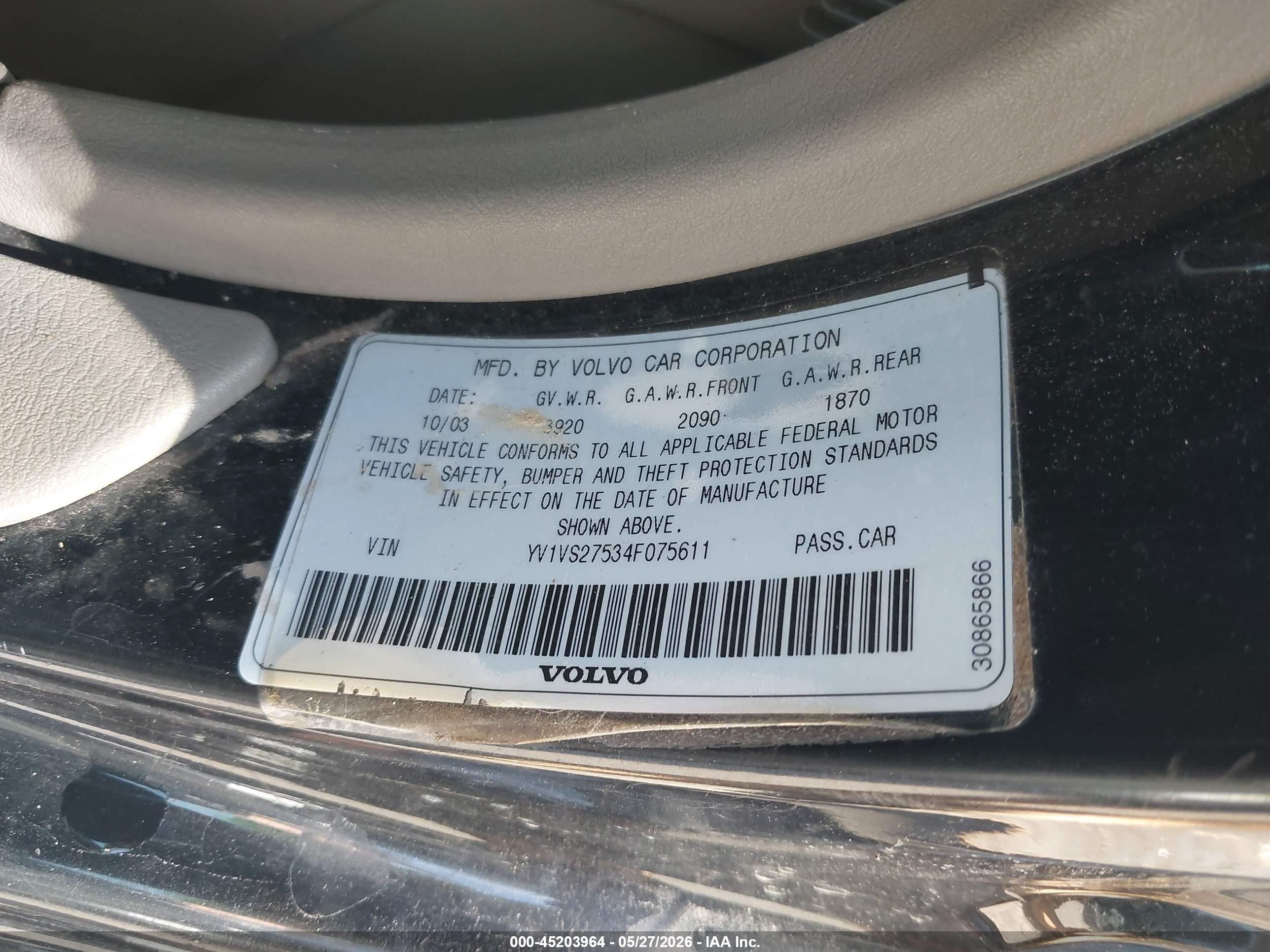 2004 Volvo S40 A/lse Black vin: YV1VS27534F075611