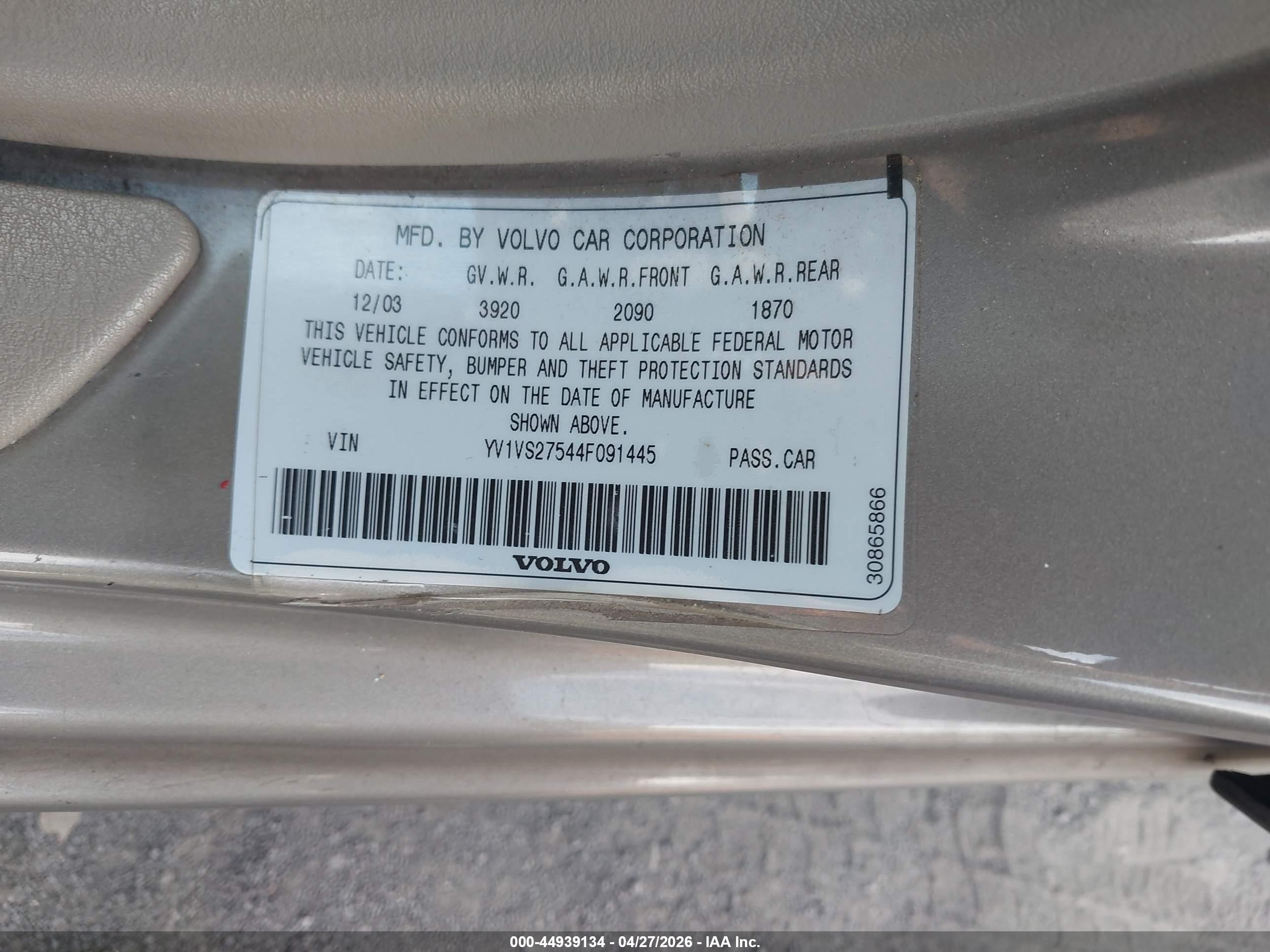 2004 Volvo S40 A/lse Gold vin: YV1VS27544F091445