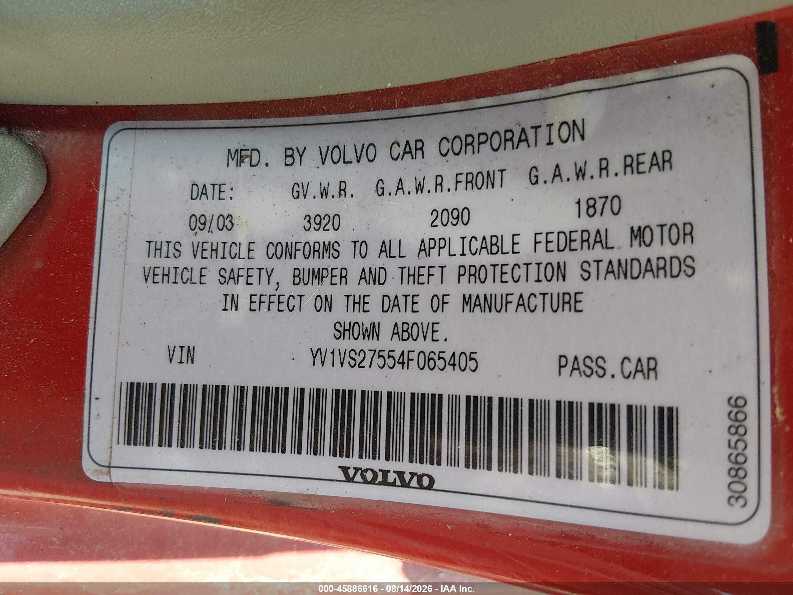 2004 Volvo S40 A/lse Red vin: YV1VS27554F065405