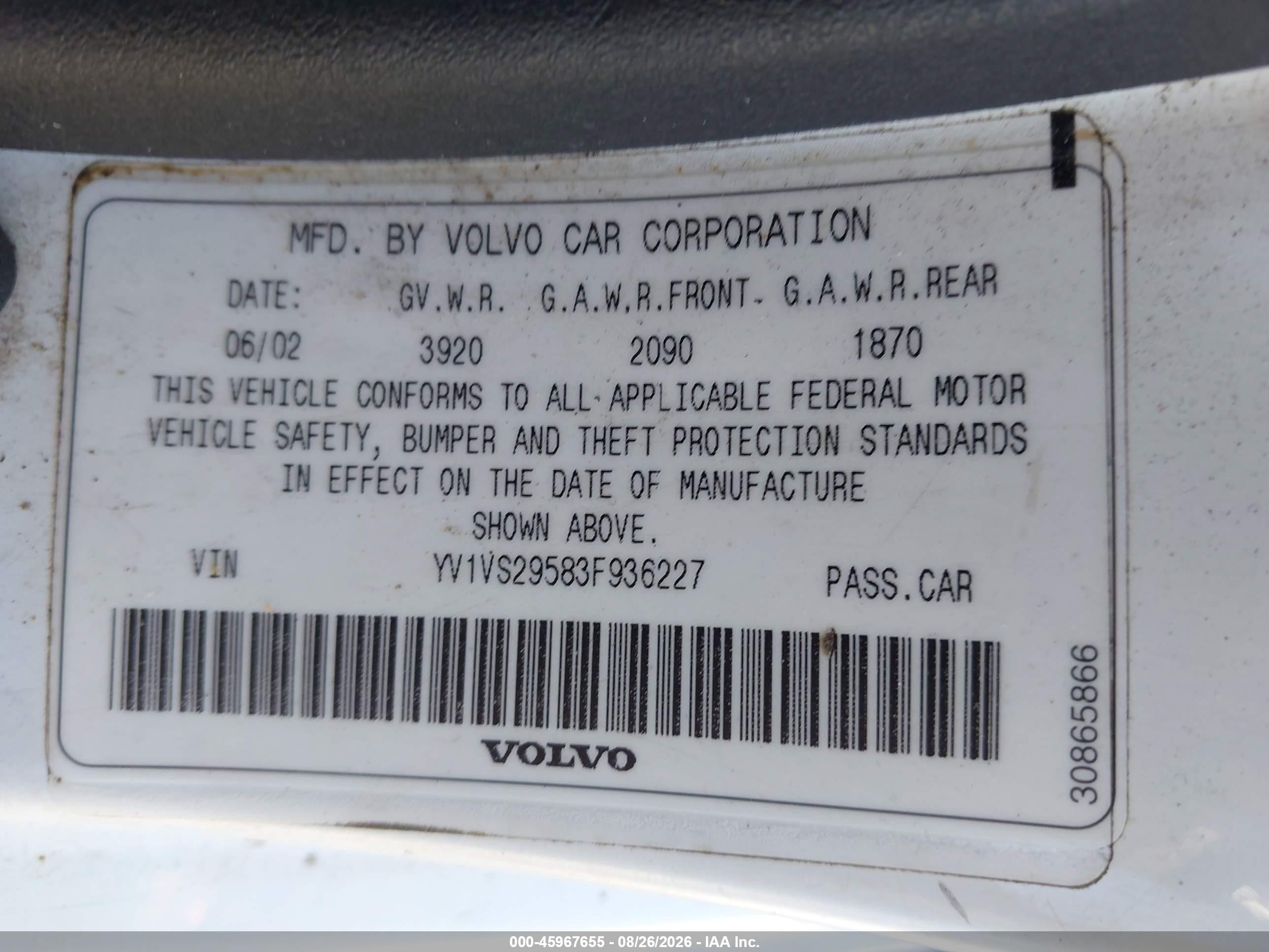 2003 Volvo S40 A White vin: YV1VS29583F936227