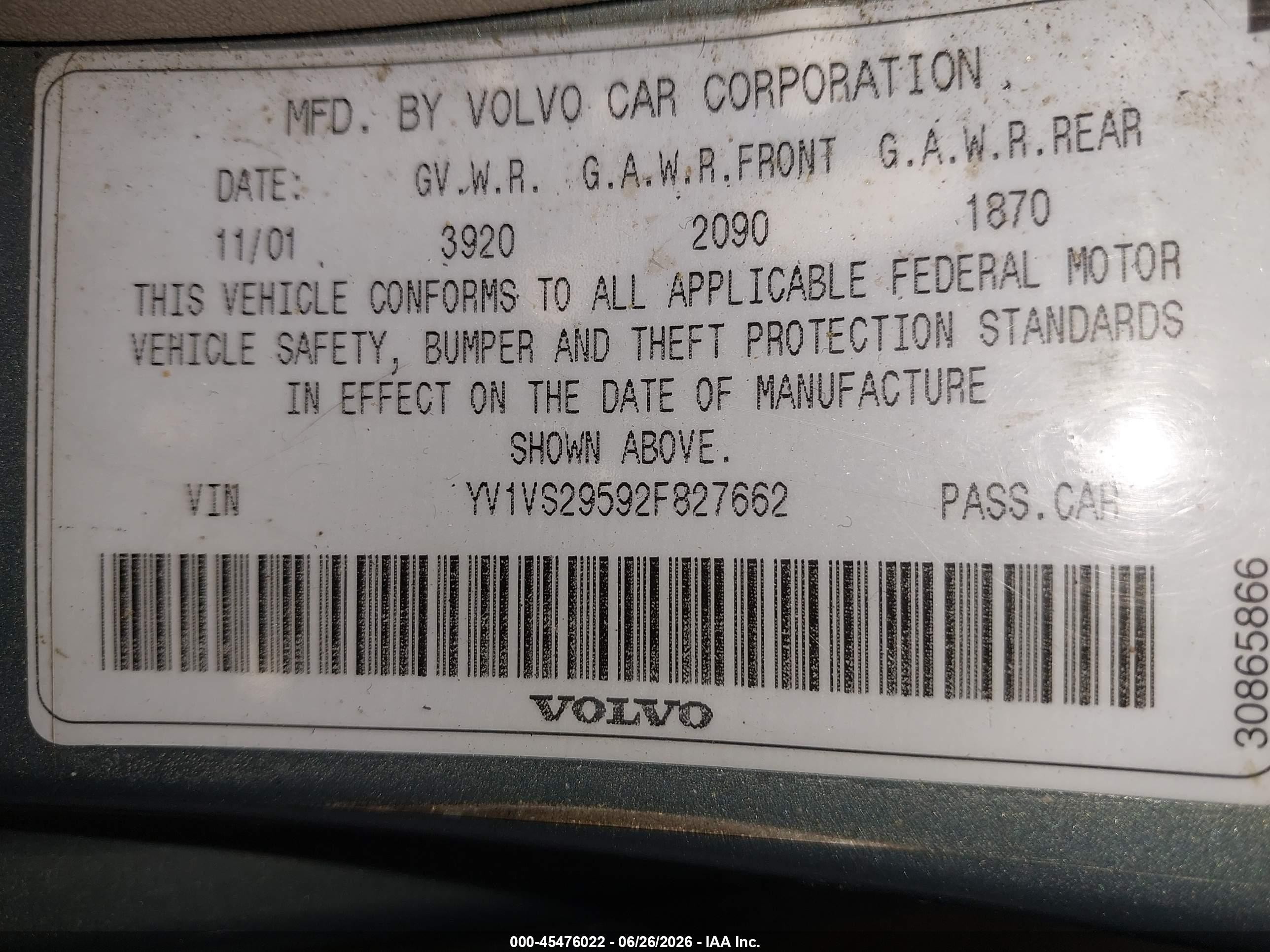 2002 Volvo S40 A Green vin: YV1VS29592F827662