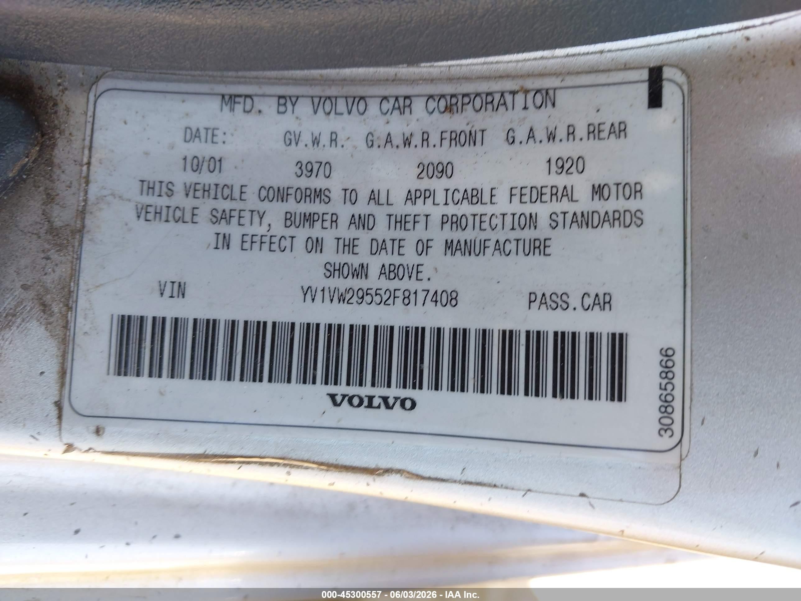 2002 Volvo V40 A Gray vin: YV1VW29552F817408