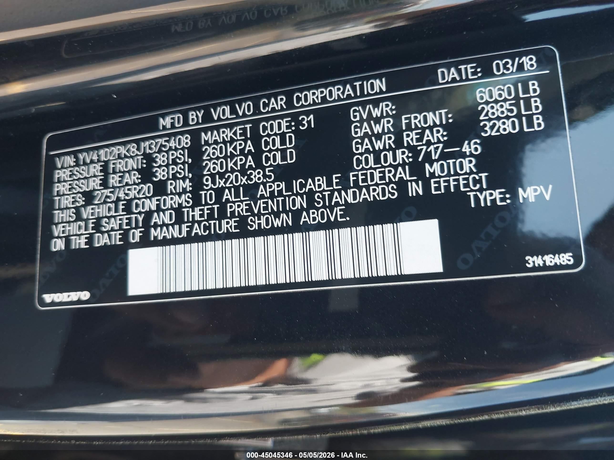 2018 Volvo Xc90 T5 Momentum Черный vin: YV4102PK8J1375408