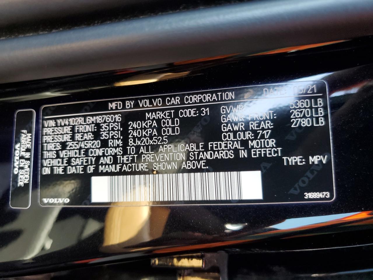 2021 Volvo Xc60 T5 Inscription Black vin: YV4102RL6M1876016