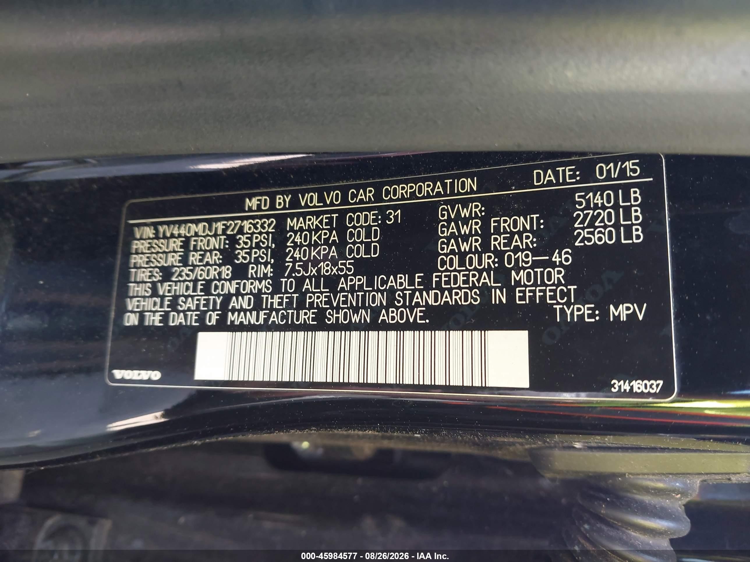 2015 Volvo Xc60 T5 Black vin: YV440MDJ1F2716332