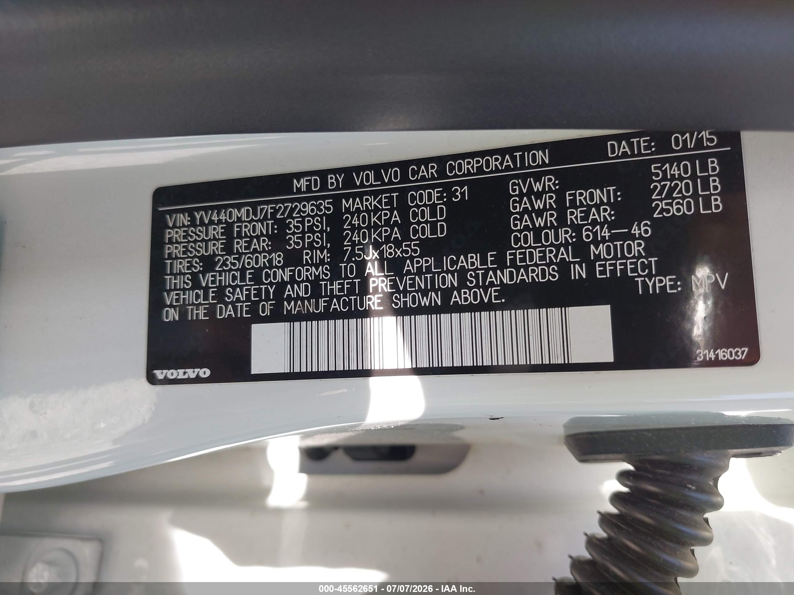 2015 Volvo Xc60 T5 White vin: YV440MDJ7F2729635