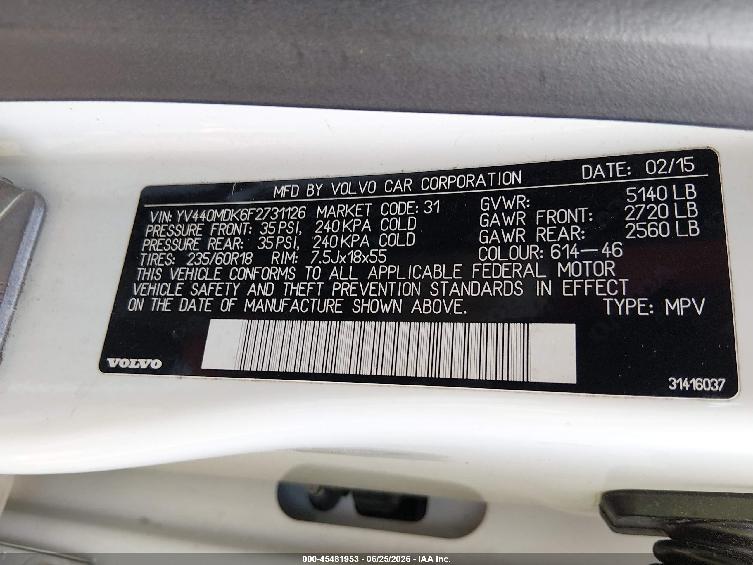 2015 Volvo Xc60 T5 Premier White vin: YV440MDK6F2731126