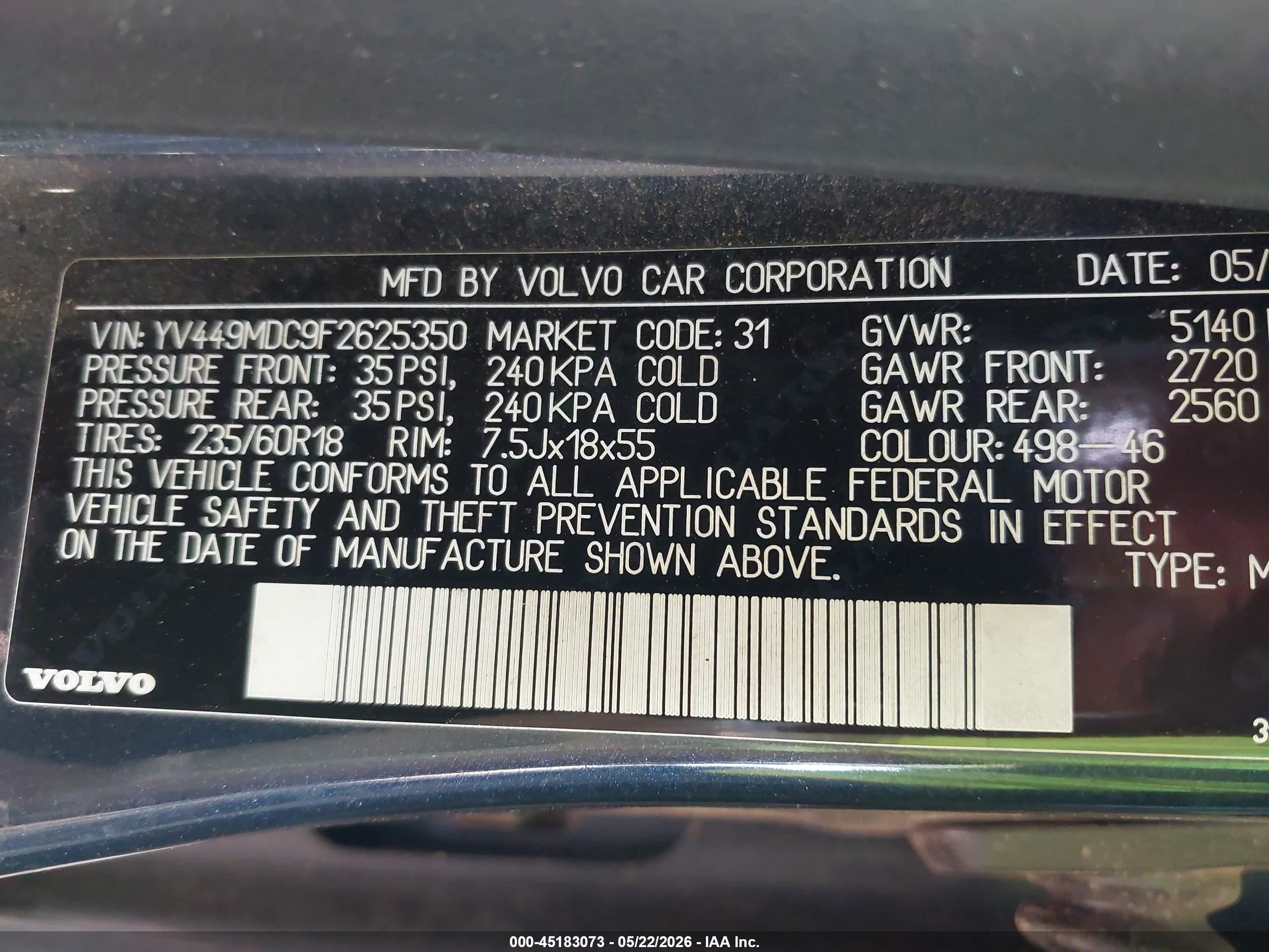 2015 Volvo Xc60 T6 Premier Plus Blue vin: YV449MDC9F2625350