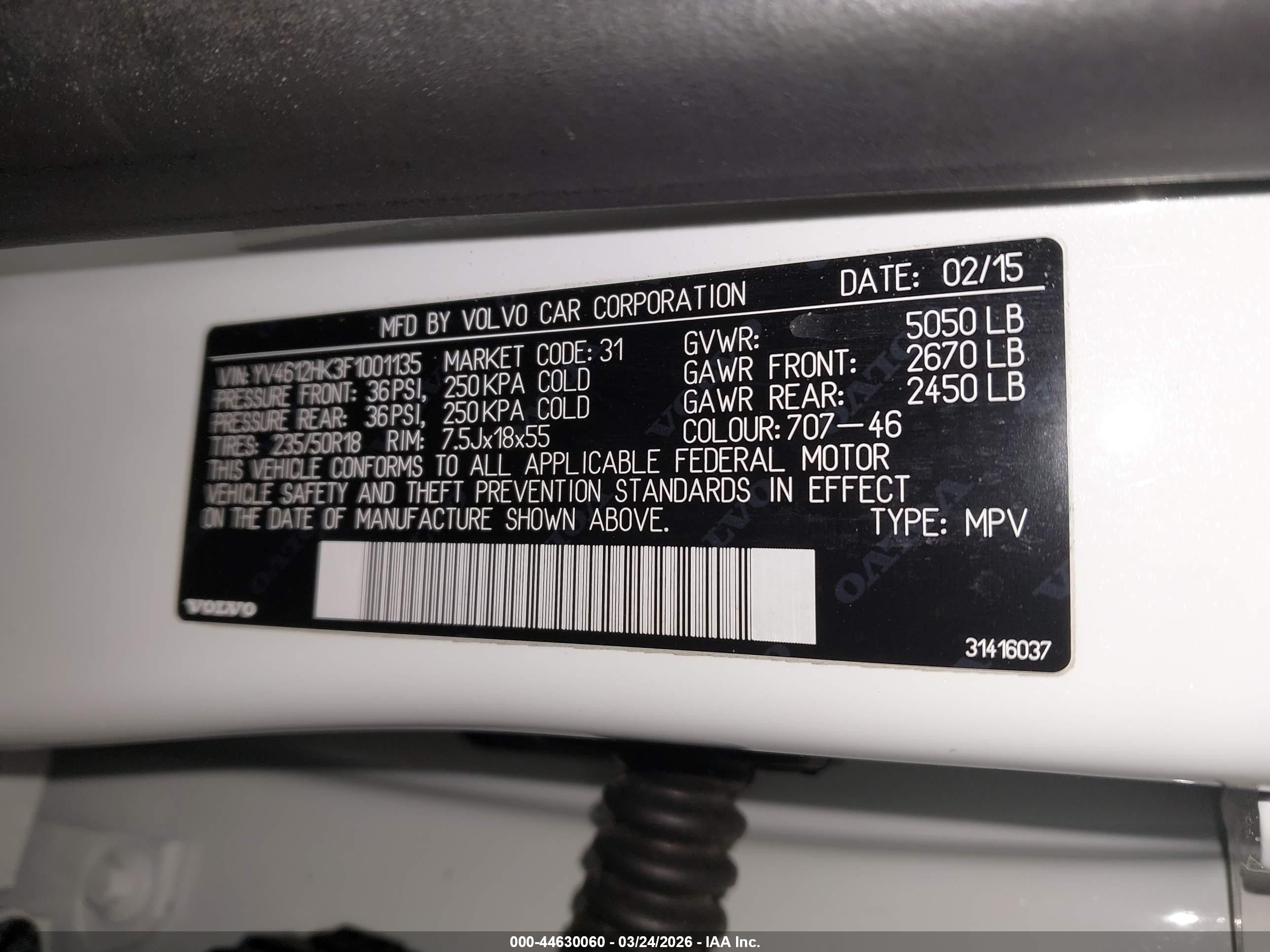 2015 Volvo V60 Cross Country T5 White vin: YV4612HK3F1001135