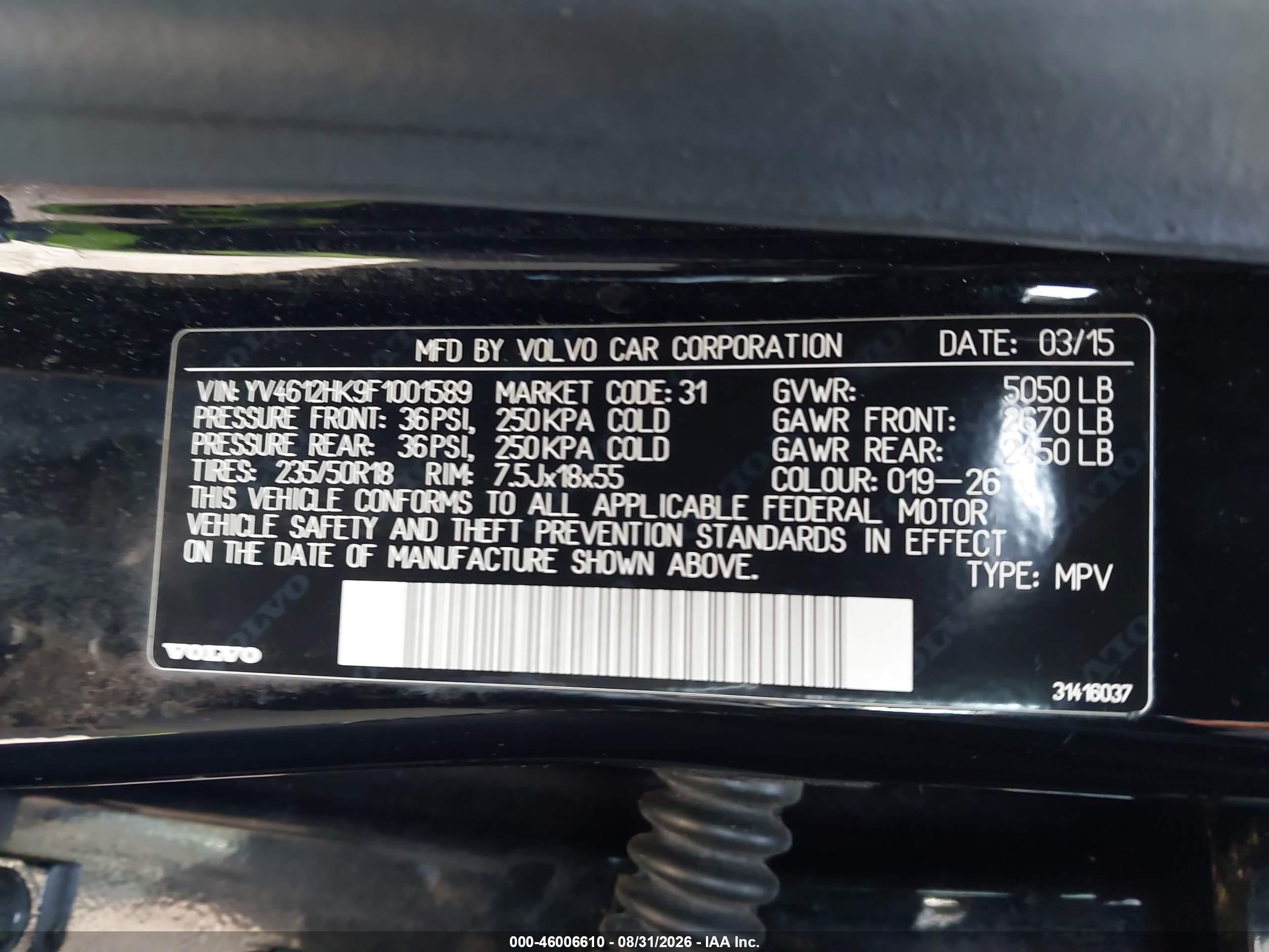 2015 Volvo V60 Cross Country T5 Black vin: YV4612HK9F1001589