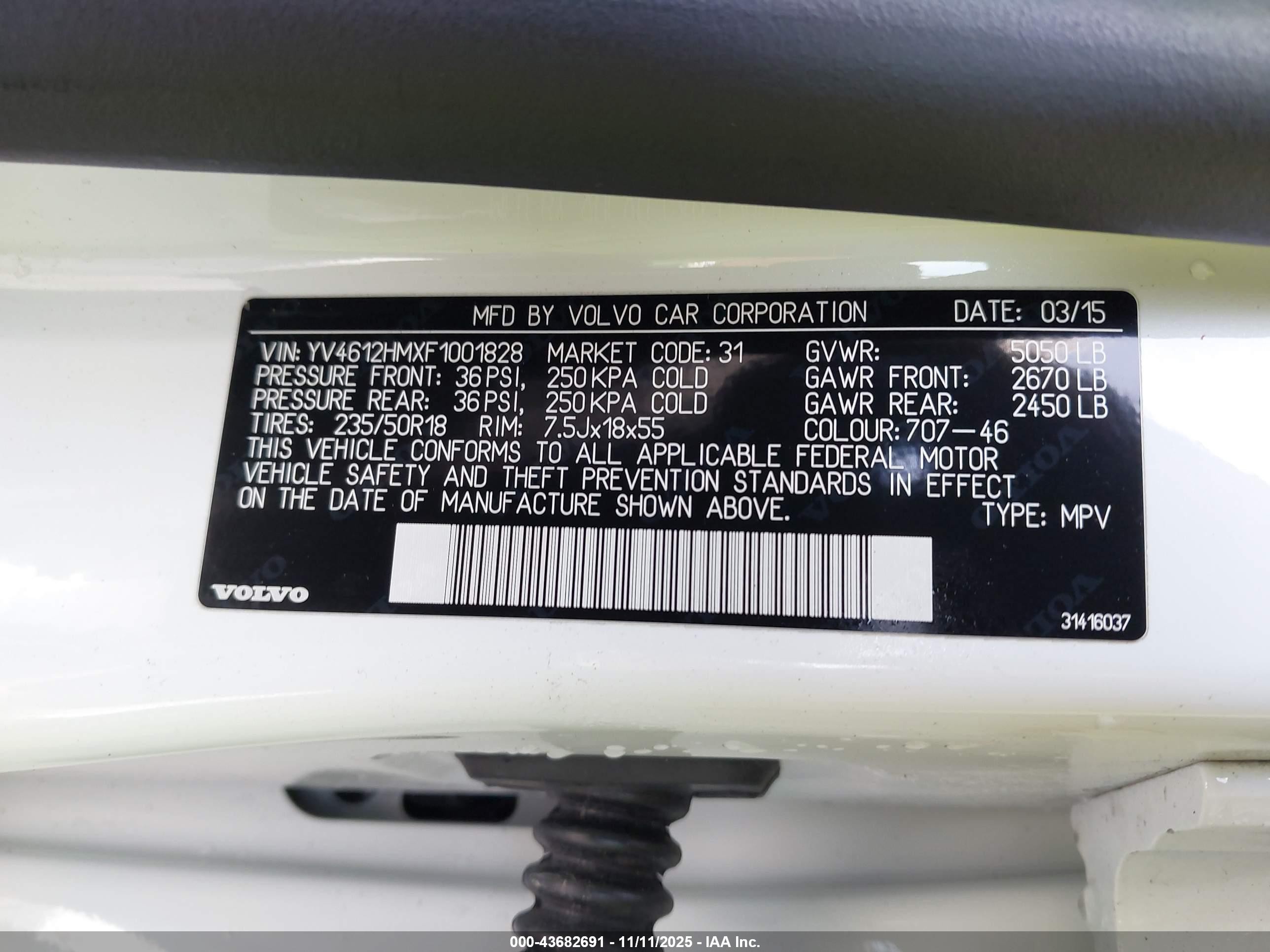 2015 Volvo V60 Cross Country T5 Platinum White vin: YV4612HMXF1001828