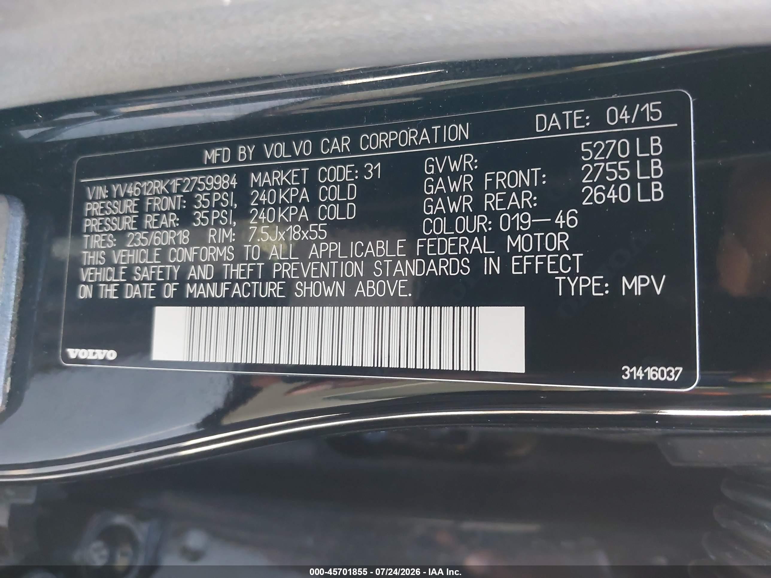 2015 Volvo Xc60 T5/t5 Premier Black vin: YV4612RK1F2759984
