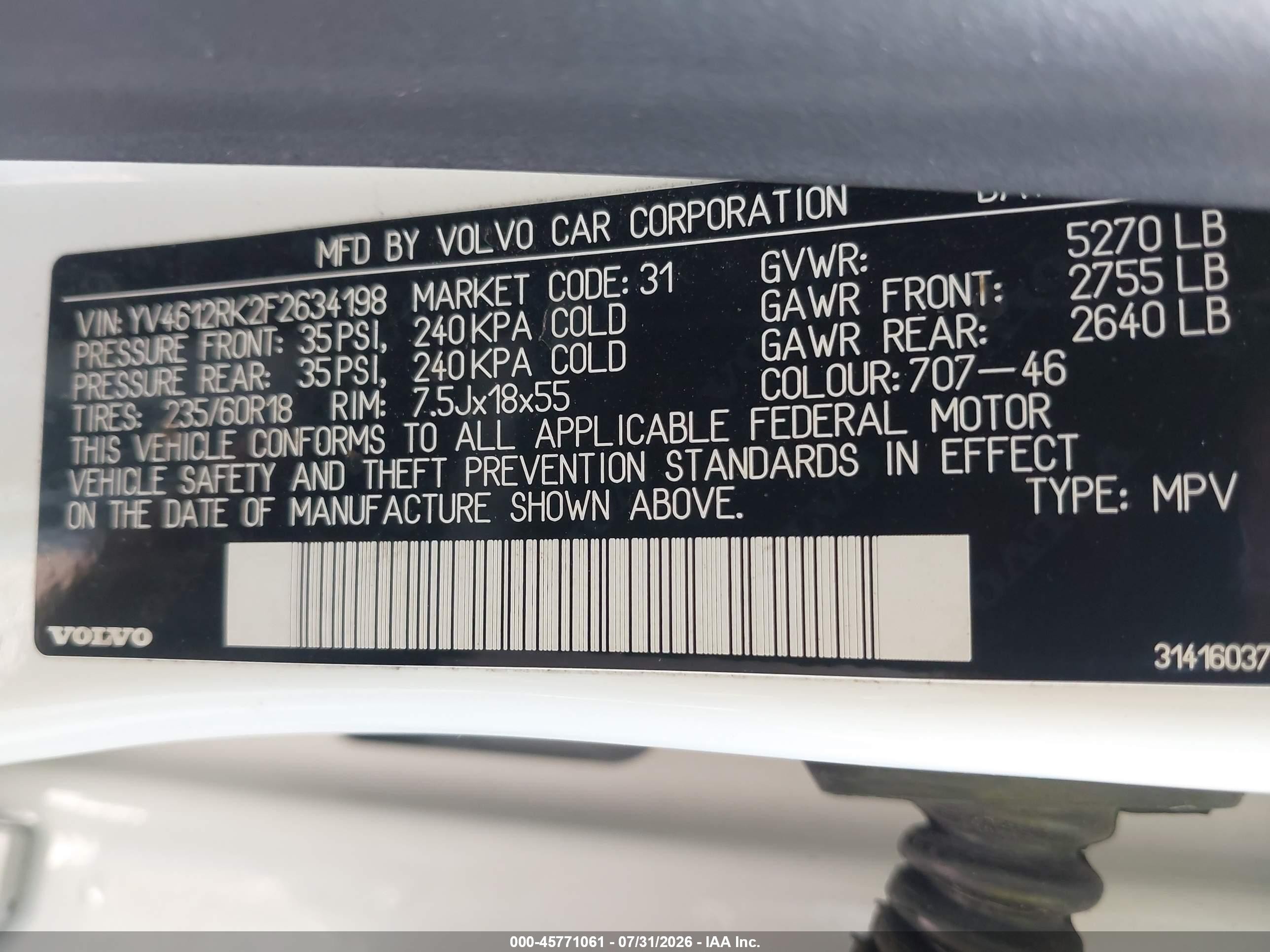 2015 Volvo Xc60 T5/t5 Premier White vin: YV4612RK2F2634198