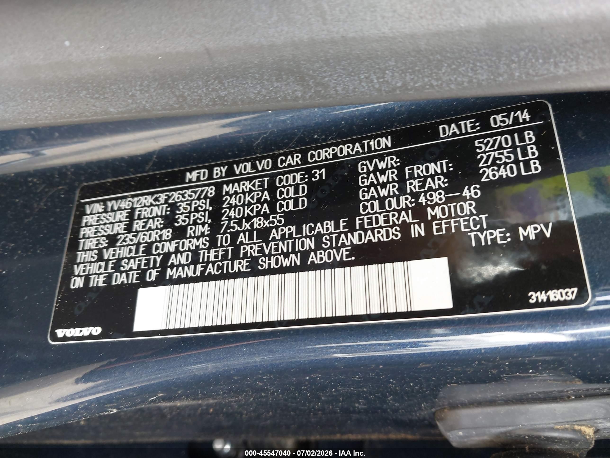 2015 Volvo Xc60 T5/t5 Premier Blue vin: YV4612RK3F2635778