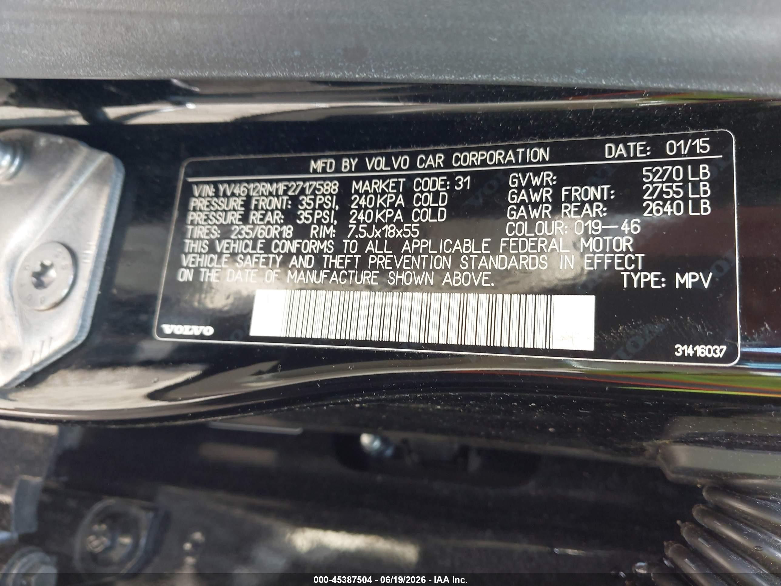 2015 Volvo Xc60 T5 Platinum Black vin: YV4612RM1F2717588