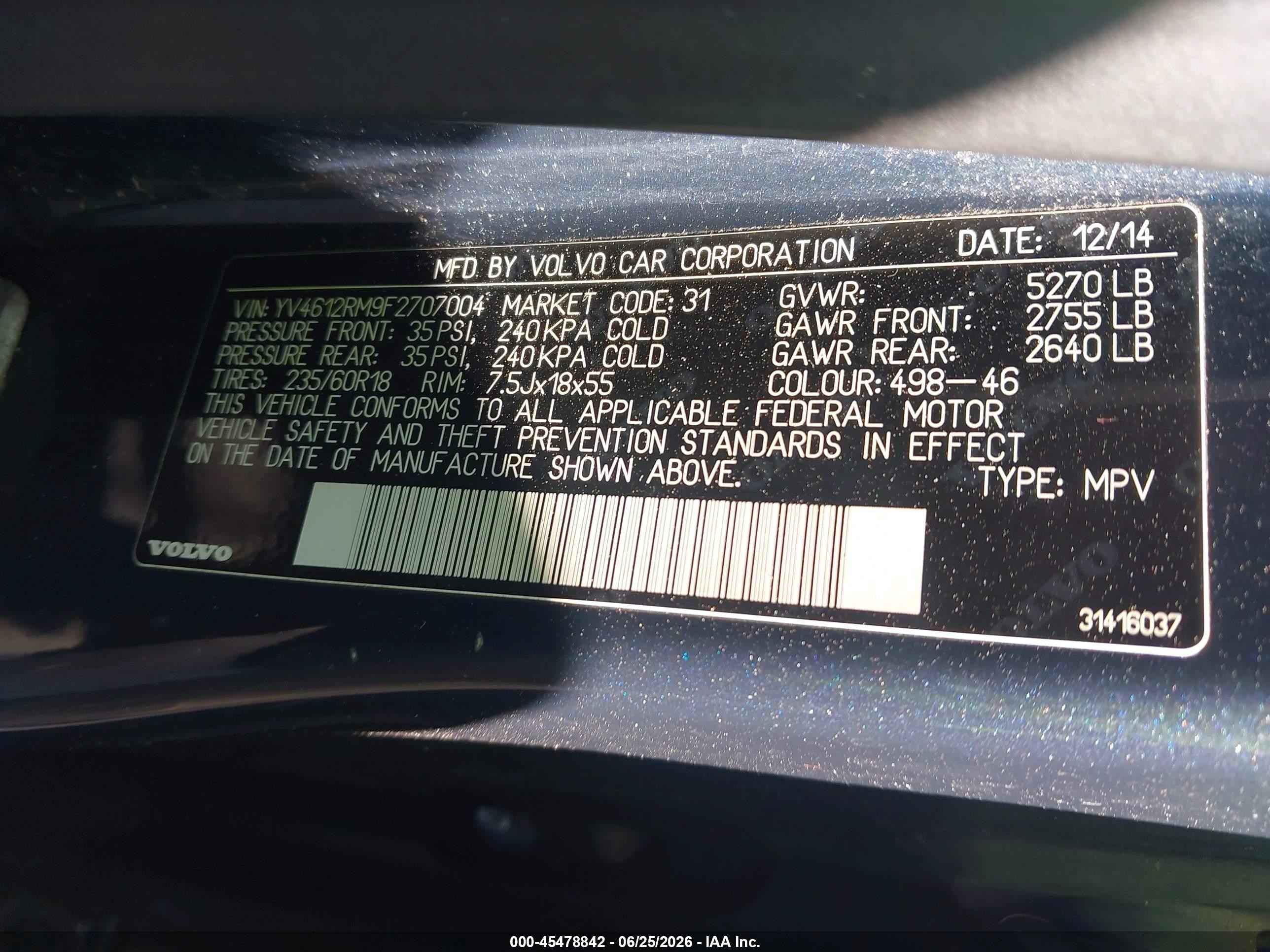 2015 Volvo Xc60 T5 Platinum Синий vin: YV4612RM9F2707004