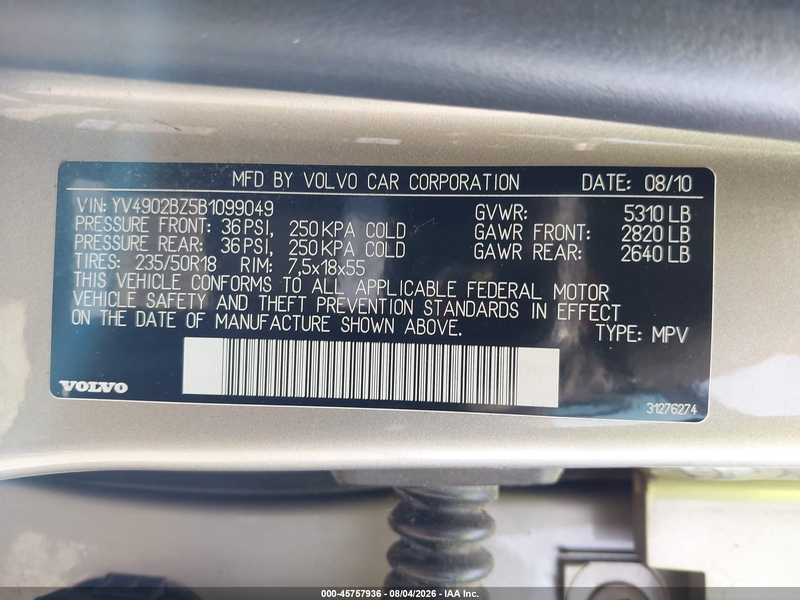 2011 Volvo Xc70 3.0t Champagne vin: YV4902BZ5B1099049