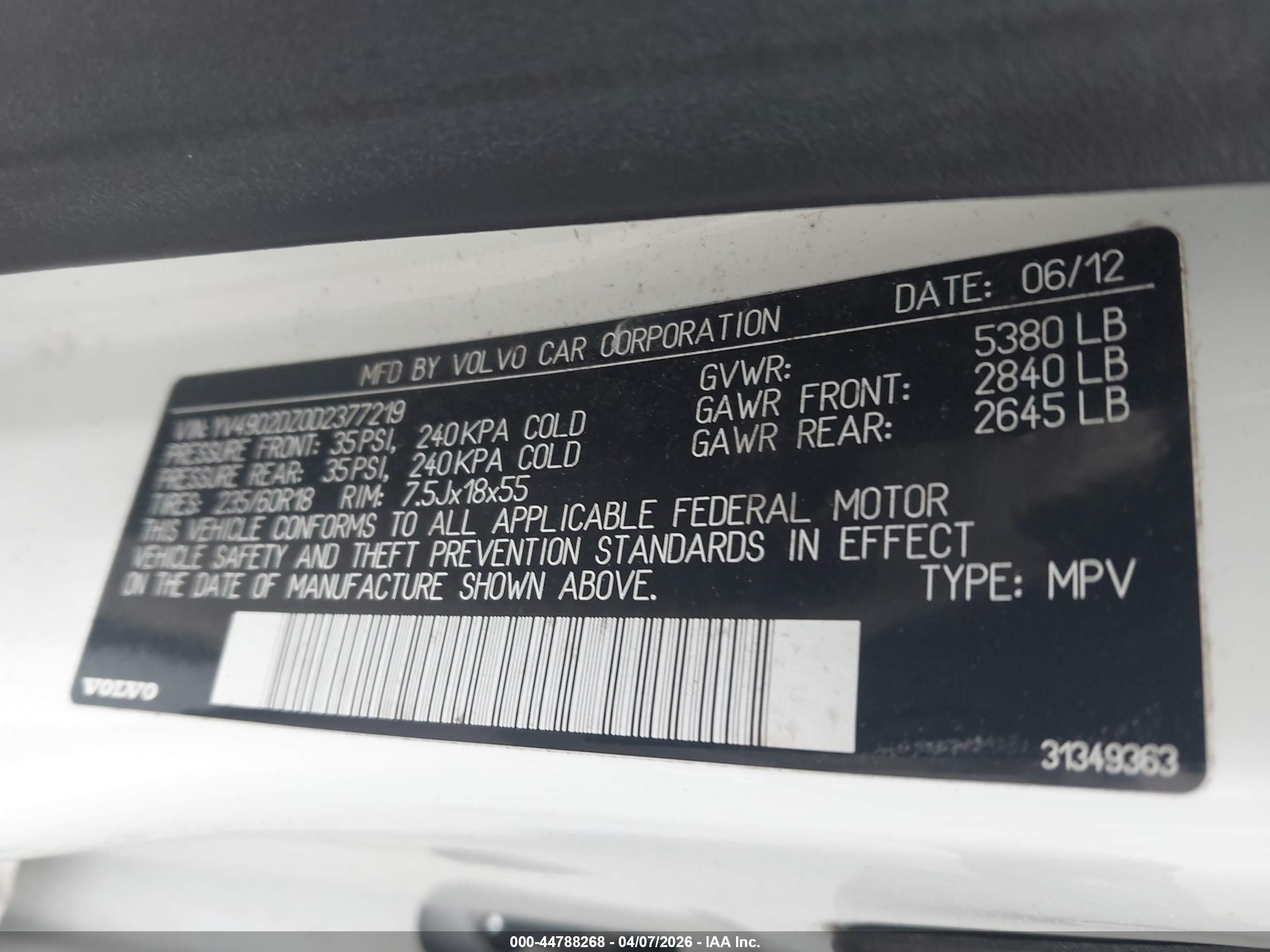 2013 Volvo Xc60 T6/t6 Platinum/t6 Premier Plus/t6 R-design/t6 R-design Platinum/t6 R-design Premier Plus White vin: YV4902DZ0D2377219