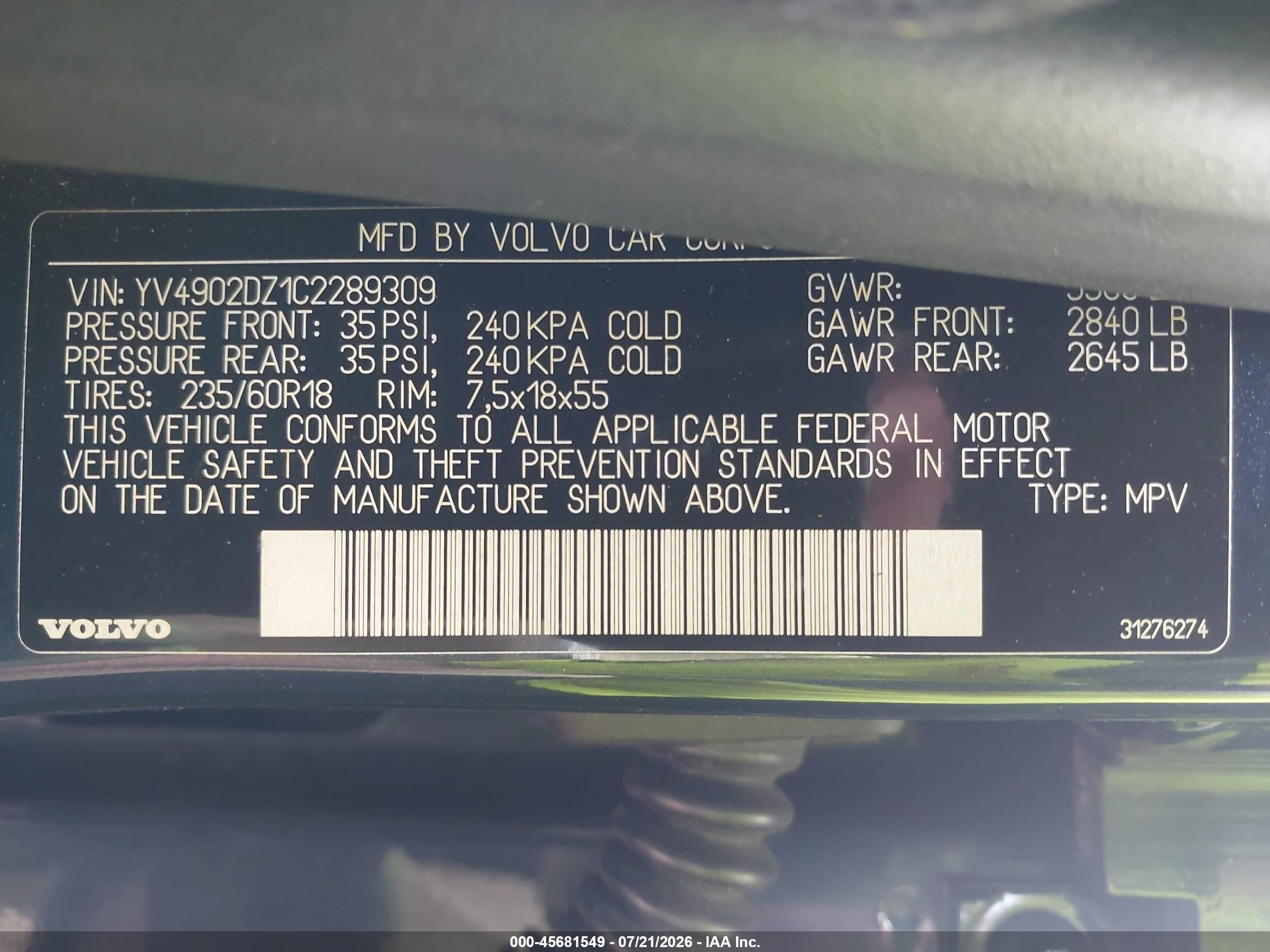 2012 Volvo Xc60 T6 Platinum Dark Blue vin: YV4902DZ1C2289309