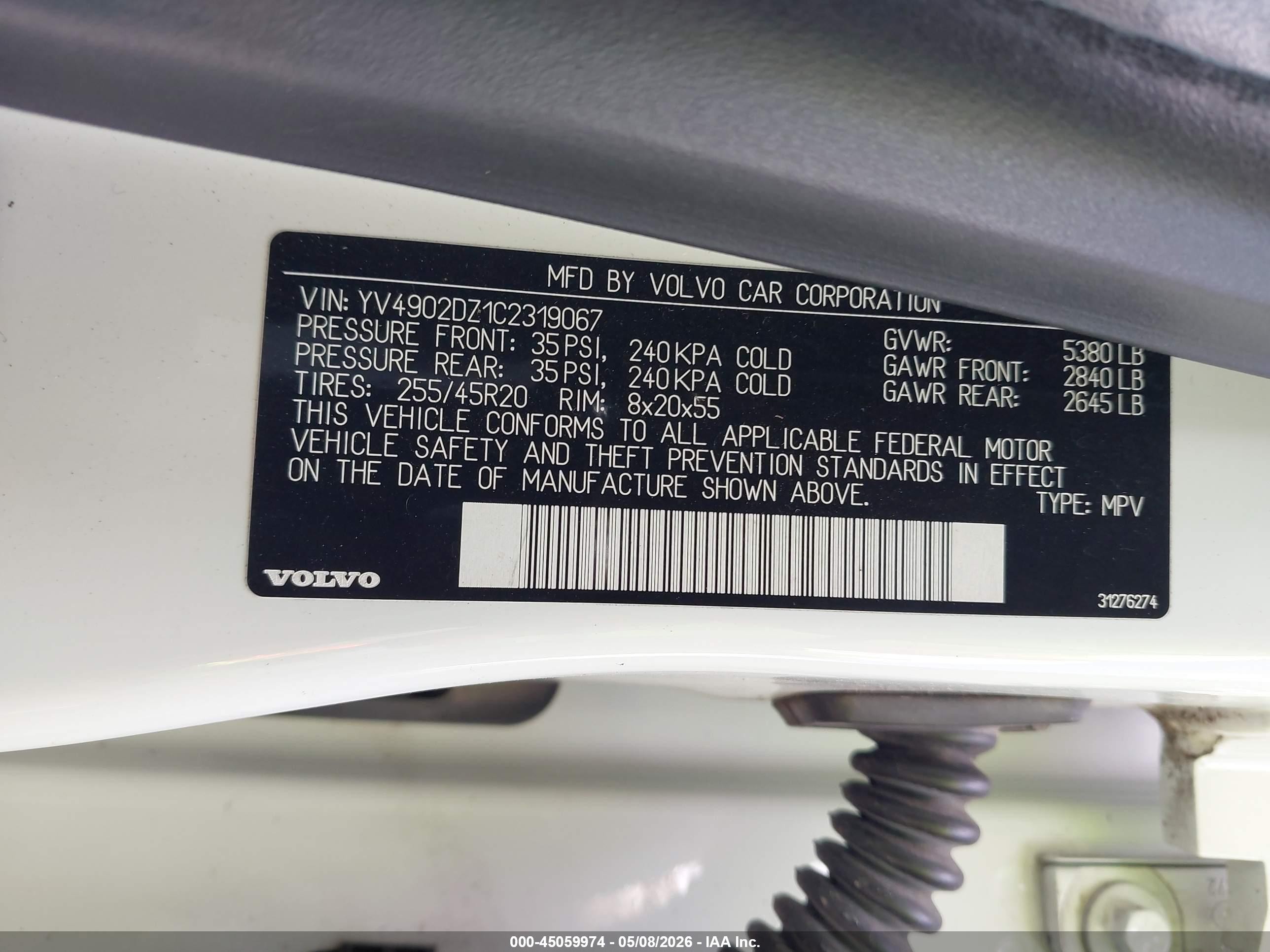2012 Volvo Xc60 T6/t6 Platinum/t6 Premier Plus/t6 R-design/t6 R-design Platinum/t6 R-design Premier Plus White vin: YV4902DZ1C2319067