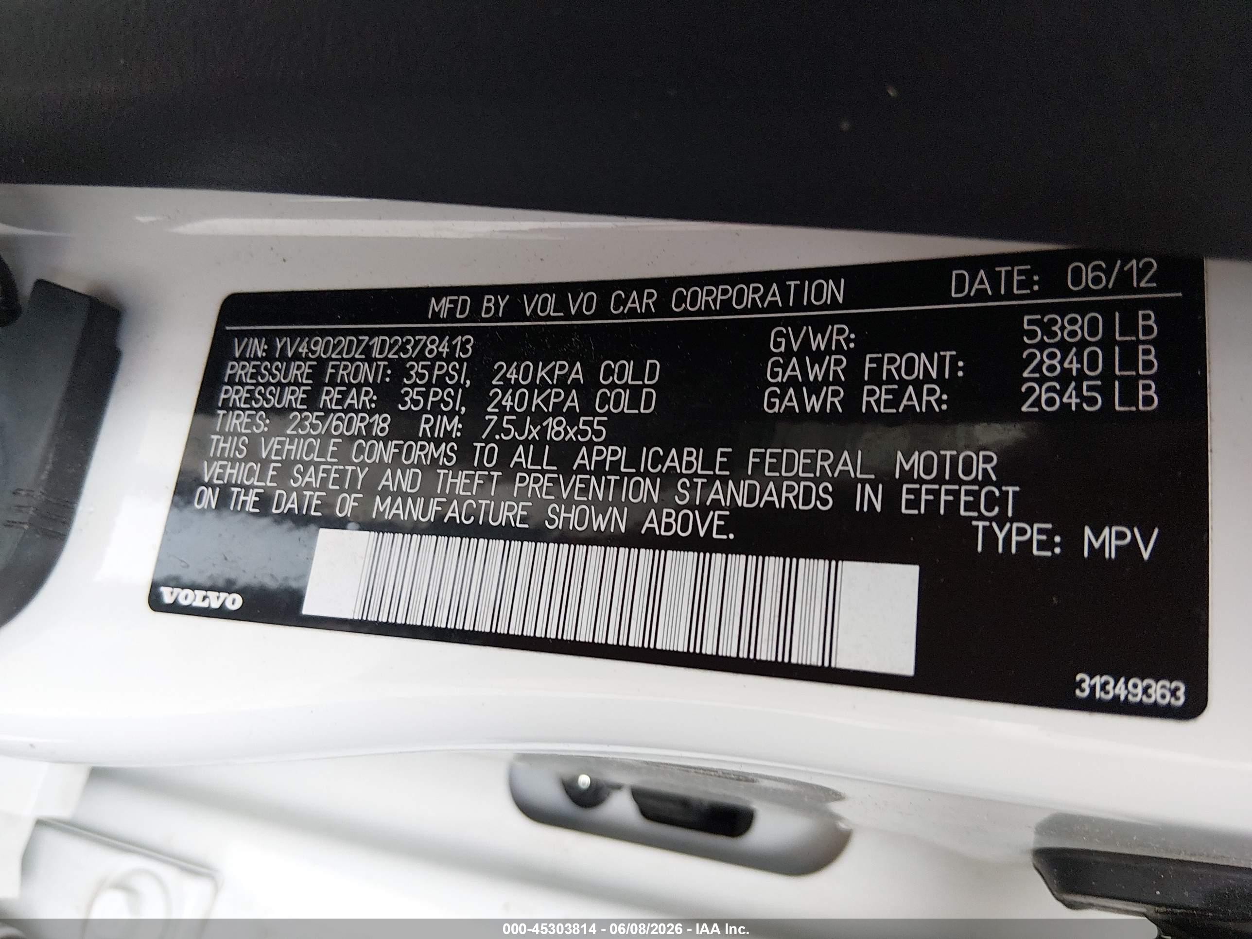 2013 Volvo Xc60 T6/t6 Platinum/t6 Premier Plus/t6 R-design/t6 R-design Platinum/t6 R-design Premier Plus White vin: YV4902DZ1D2378413