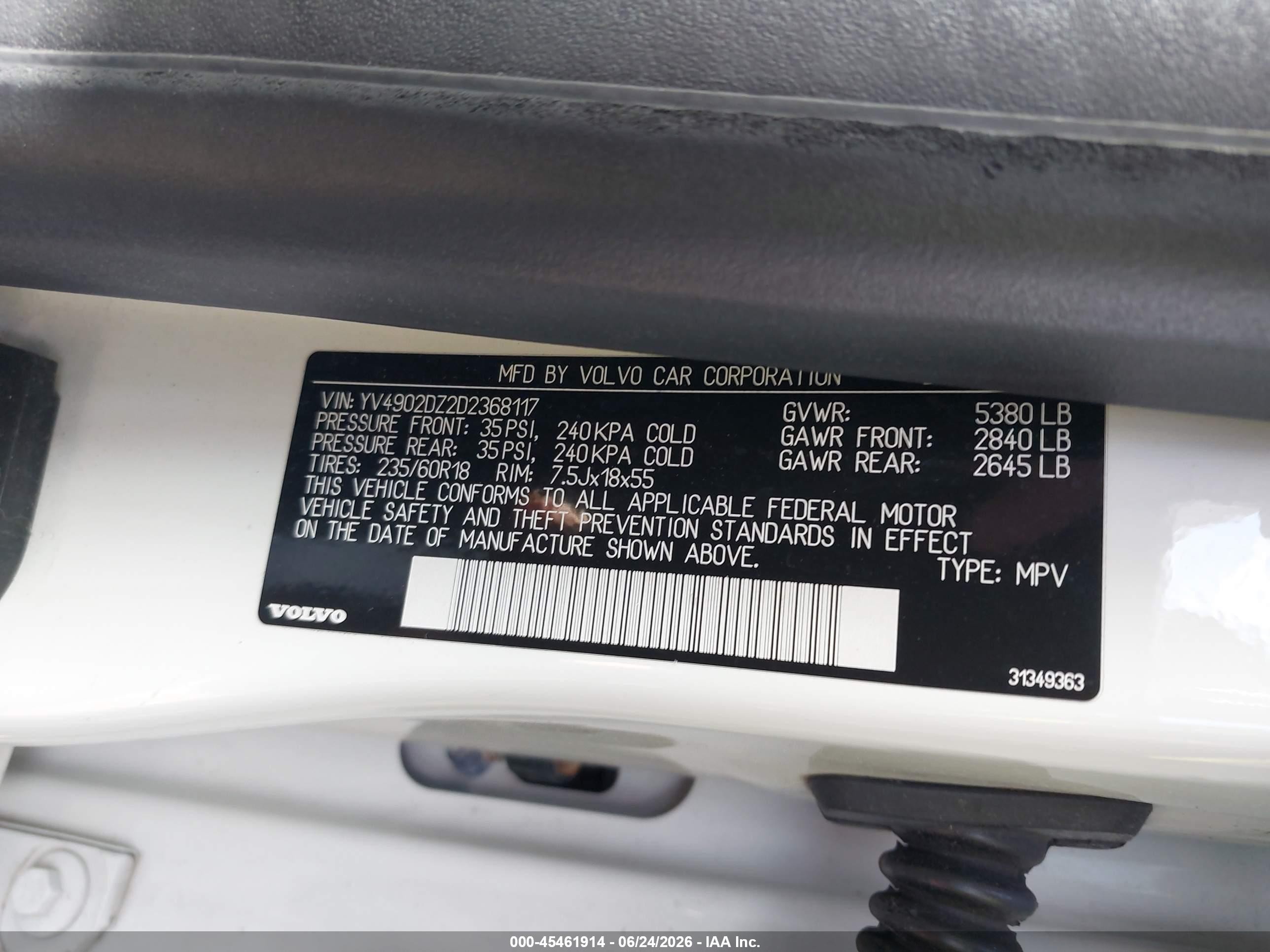 2013 Volvo Xc60 T6/t6 Platinum/t6 Premier Plus/t6 R-design/t6 R-design Platinum/t6 R-design Premier Plus White vin: YV4902DZ2D2368117