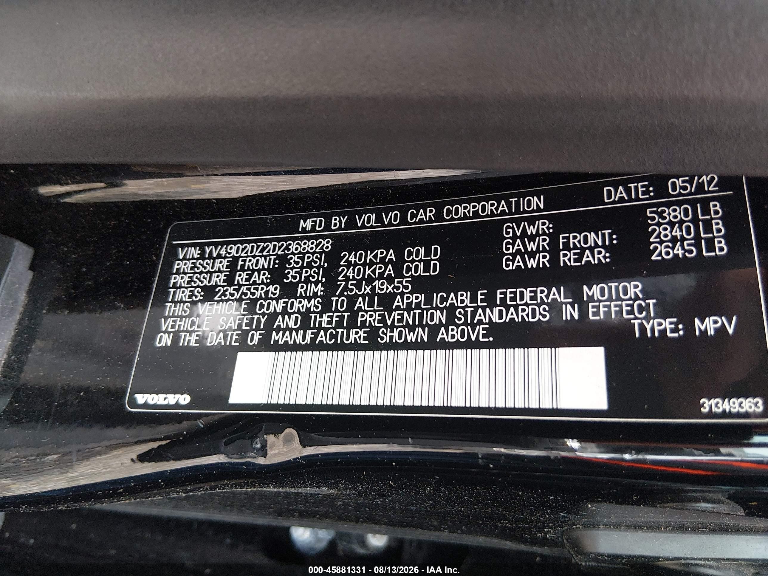 2013 Volvo Xc60 T6 Black vin: YV4902DZ2D2368828
