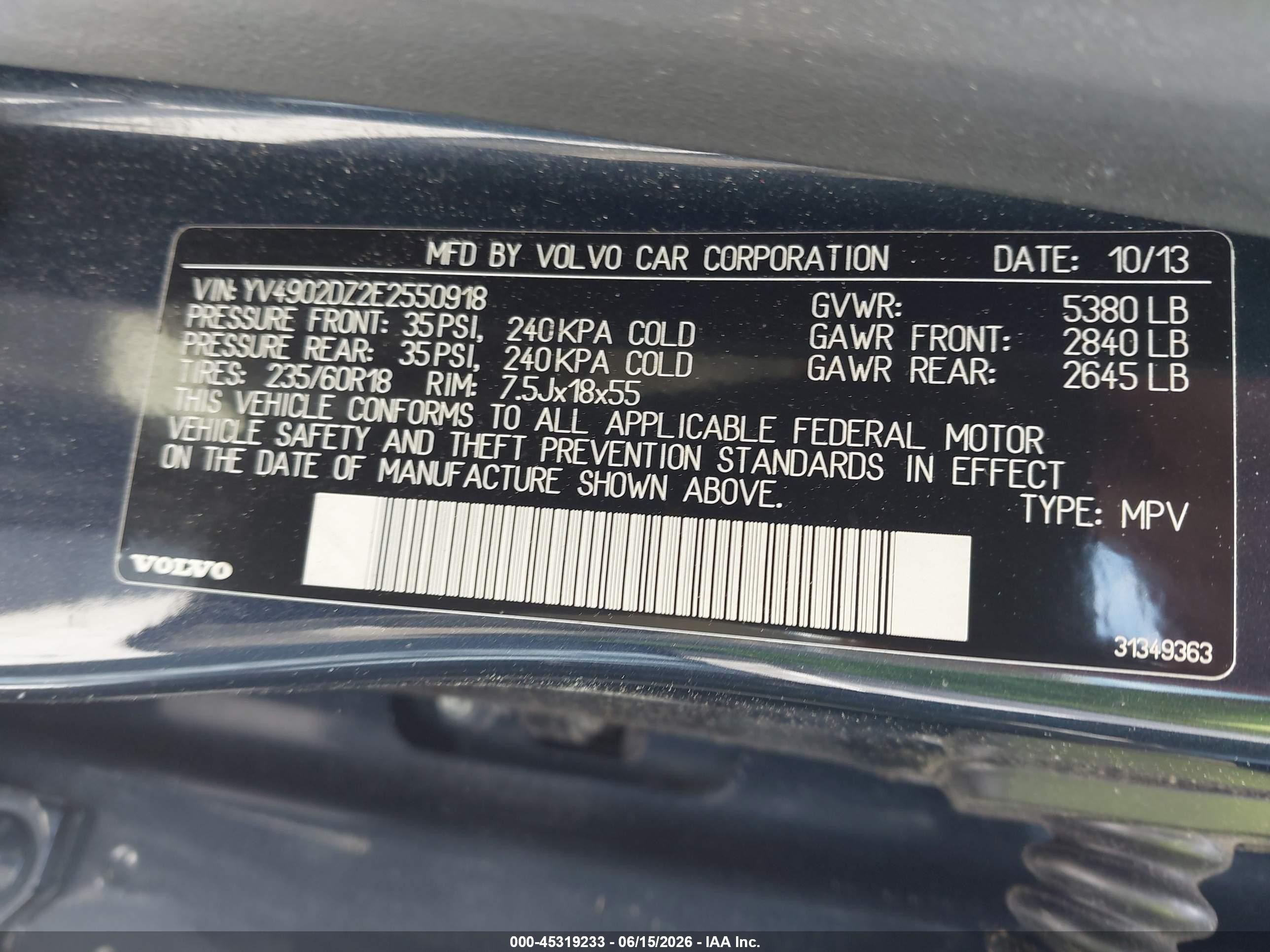 2014 Volvo Xc60 T6 Platinum Blue vin: YV4902DZ2E2550918