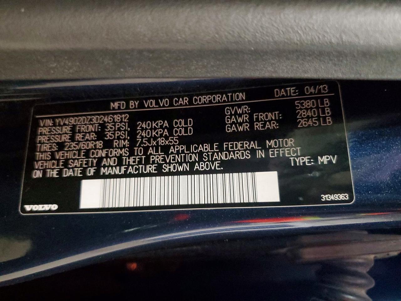 2013 Volvo Xc60 T6 Blue vin: YV4902DZ3D2461812