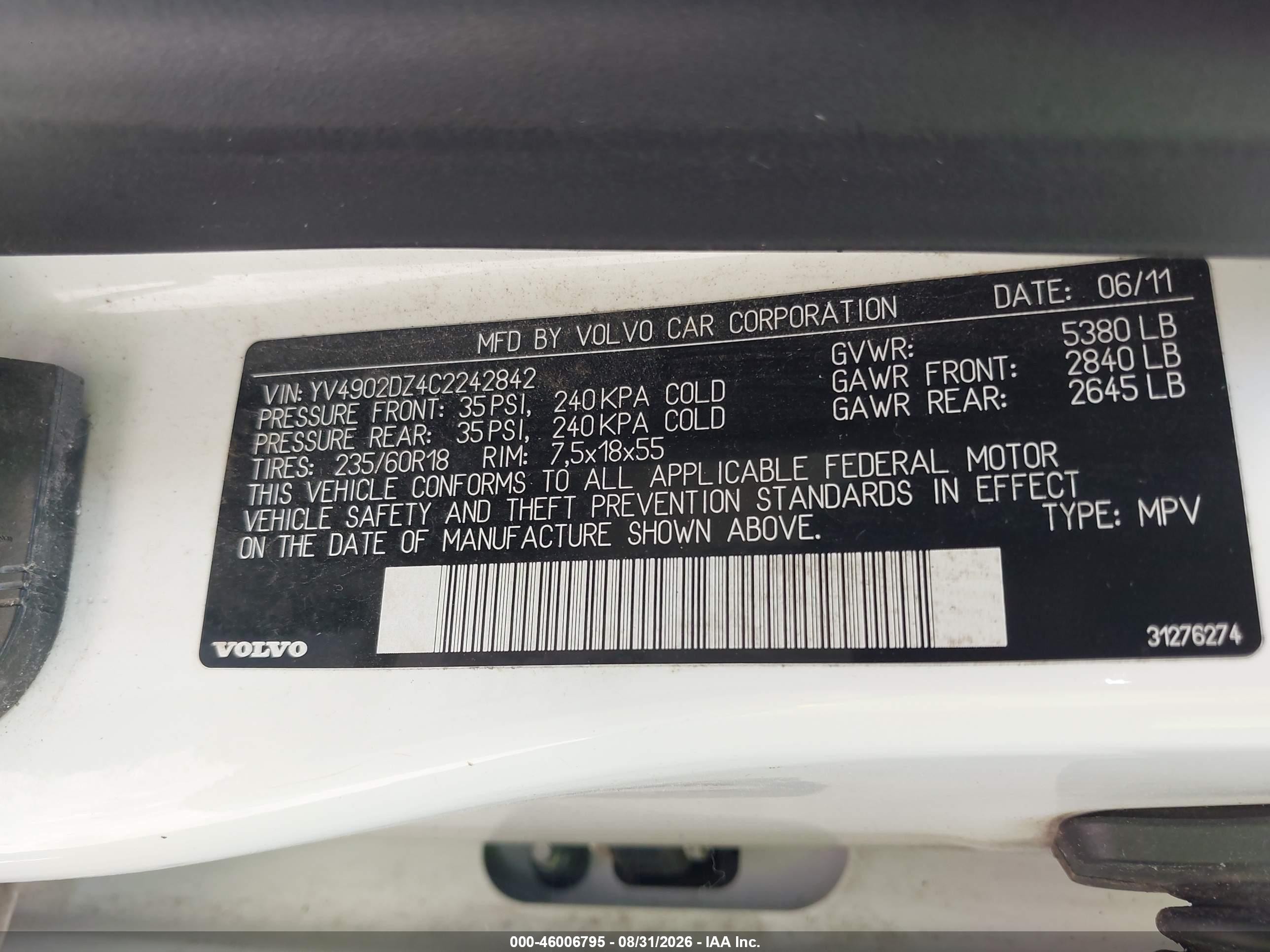 2012 Volvo Xc60 T6 Premier Plus White vin: YV4902DZ4C2242842