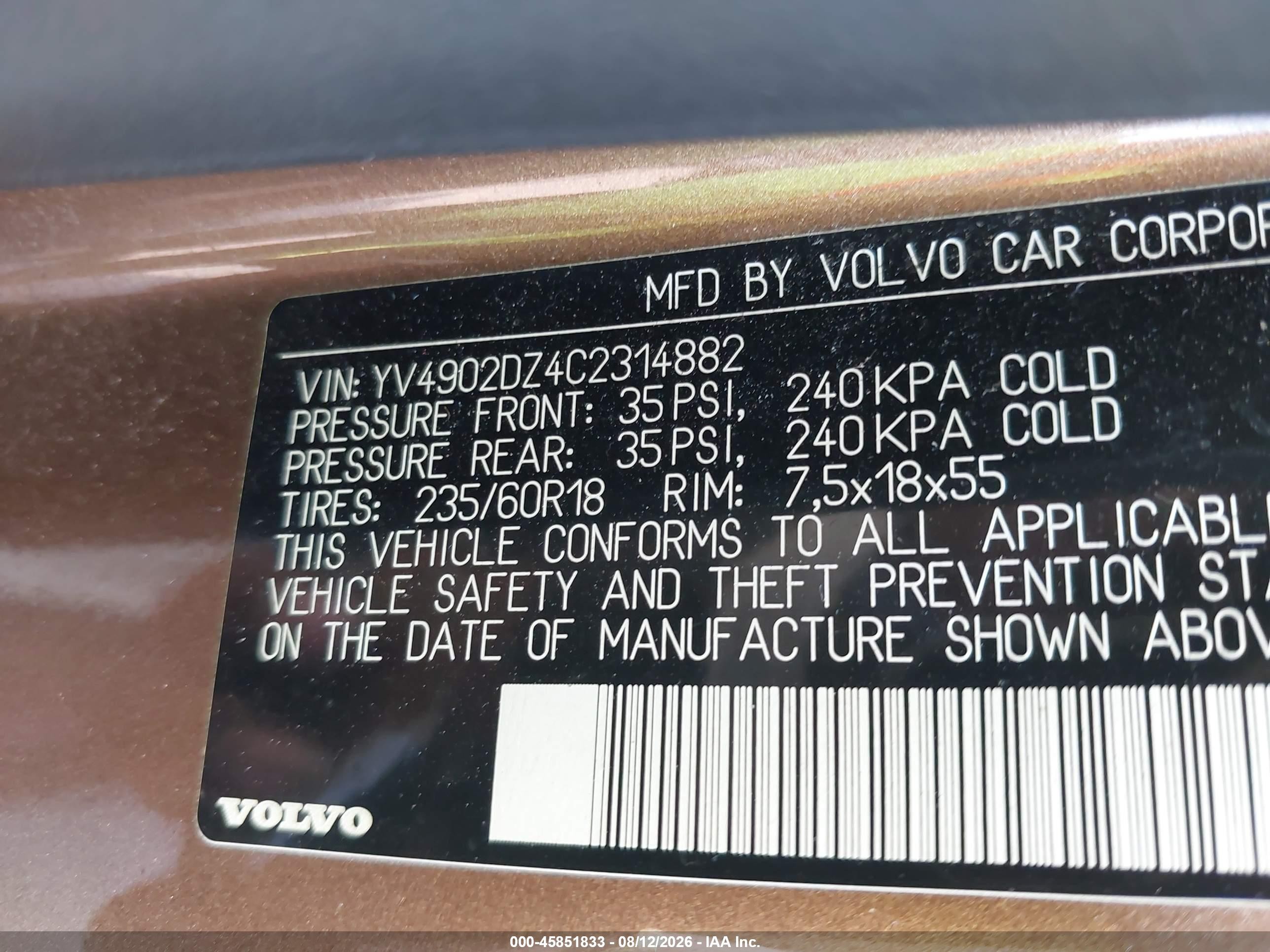 2012 Volvo Xc60 T6/t6 Platinum/t6 Premier Plus/t6 R-design/t6 R-design Platinum/t6 R-design Premier Plus Brown vin: YV4902DZ4C2314882