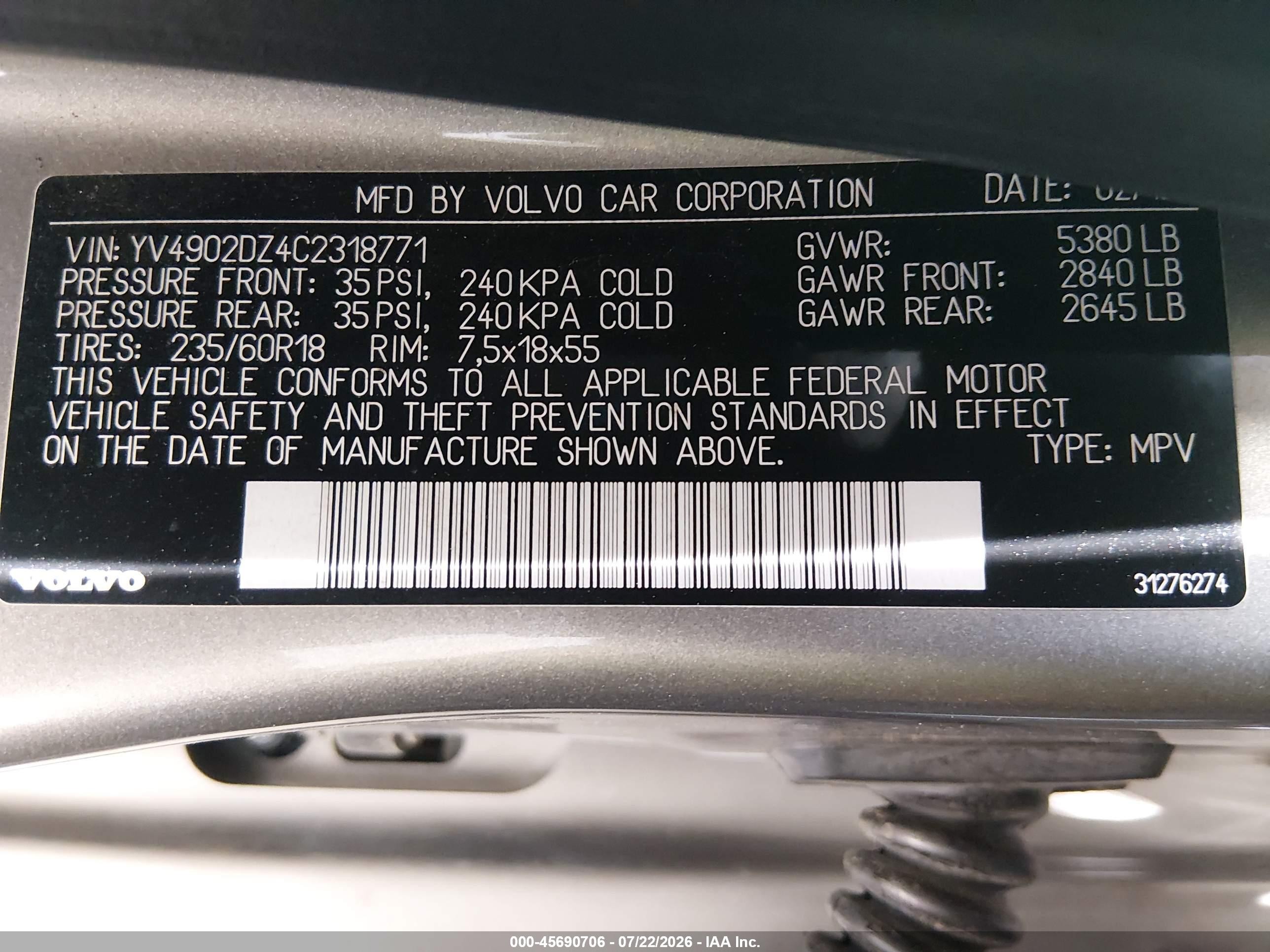 2012 Volvo Xc60 T6/t6 Platinum/t6 Premier Plus/t6 R-design/t6 R-design Platinum/t6 R-design Premier Plus Champagne vin: YV4902DZ4C2318771
