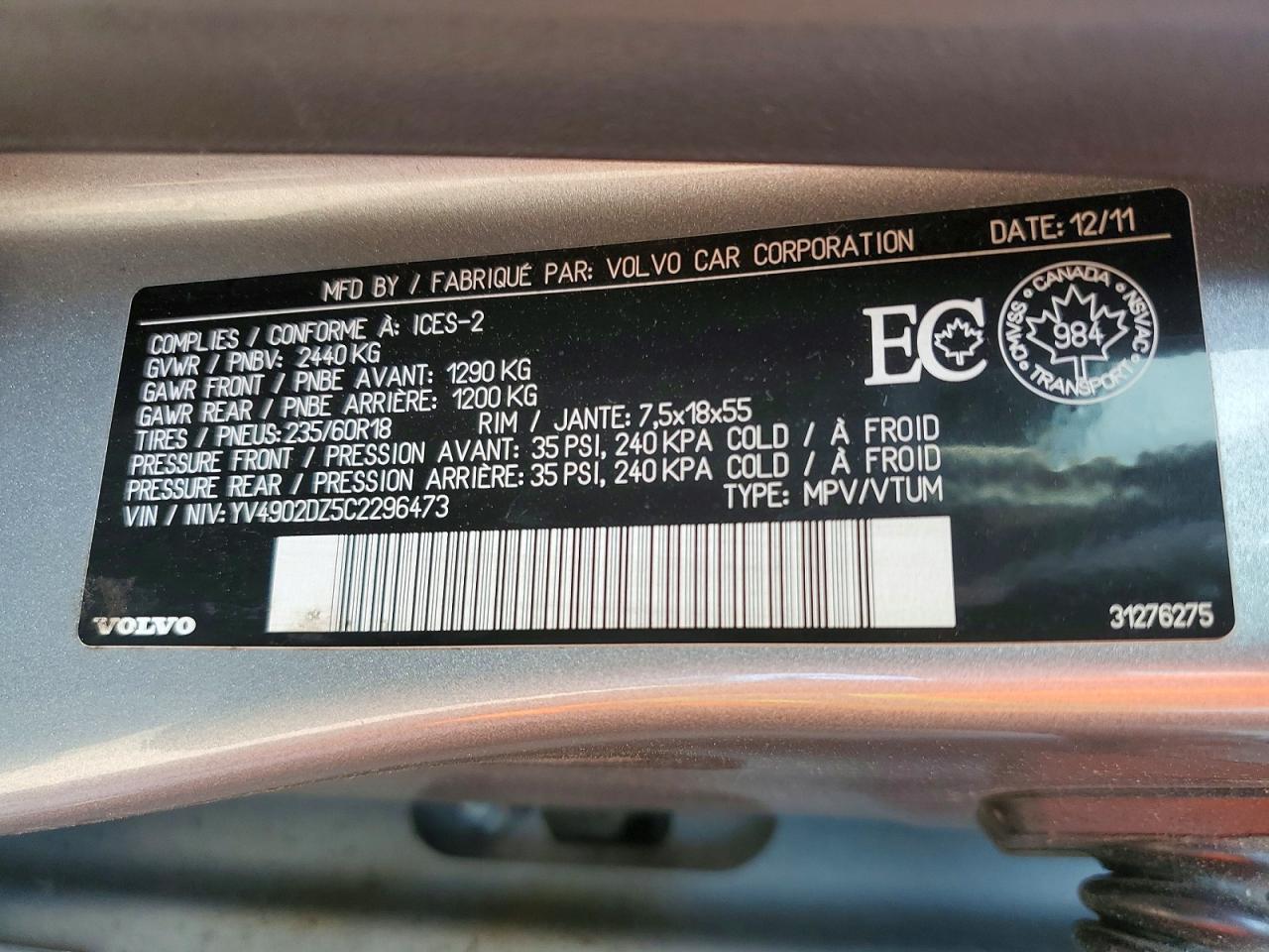 2012 Volvo Xc60 T6 Silver vin: YV4902DZ5C2296473