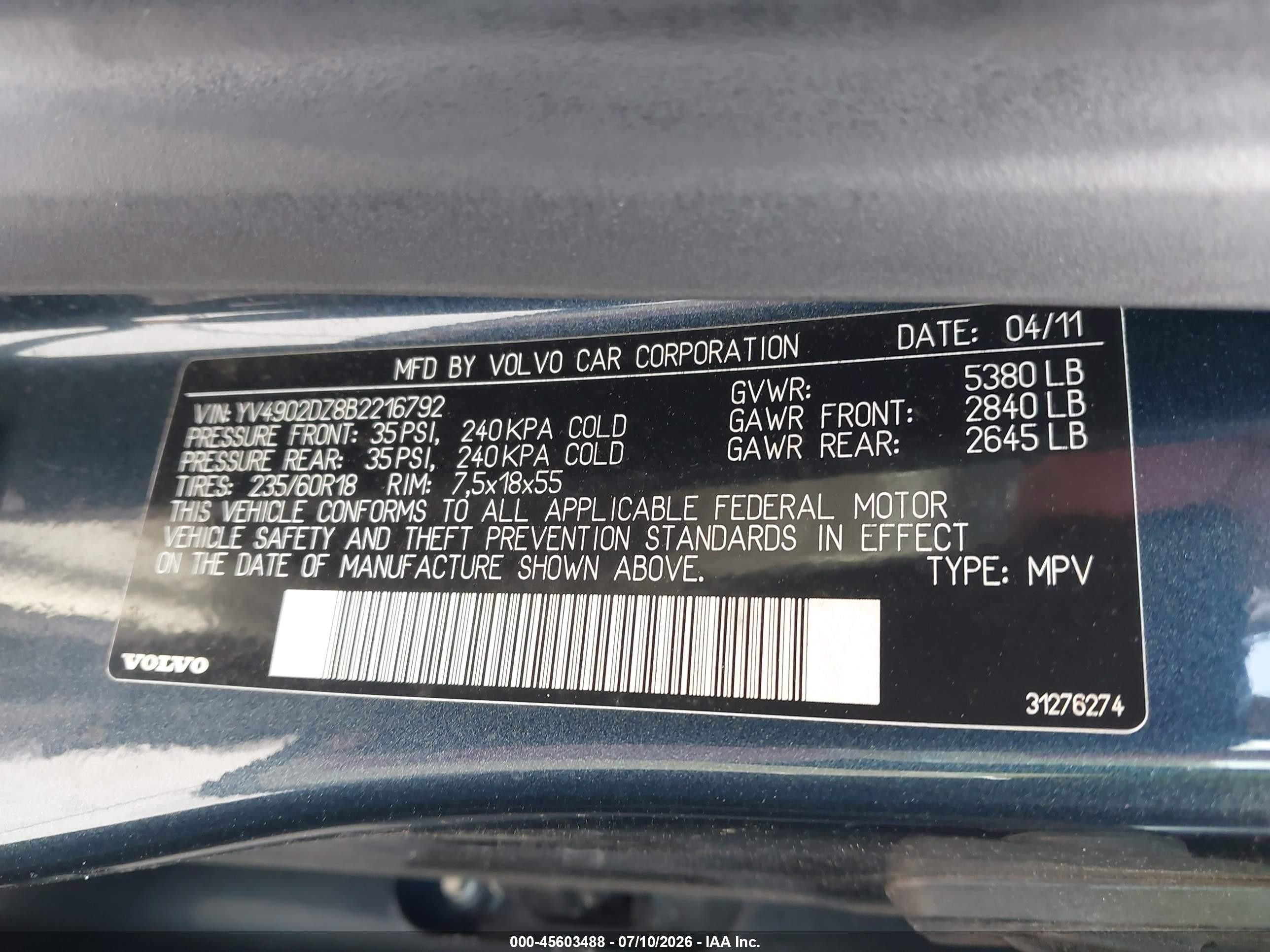 2011 Volvo Xc60 T6/t6 R-design Blue vin: YV4902DZ8B2216792