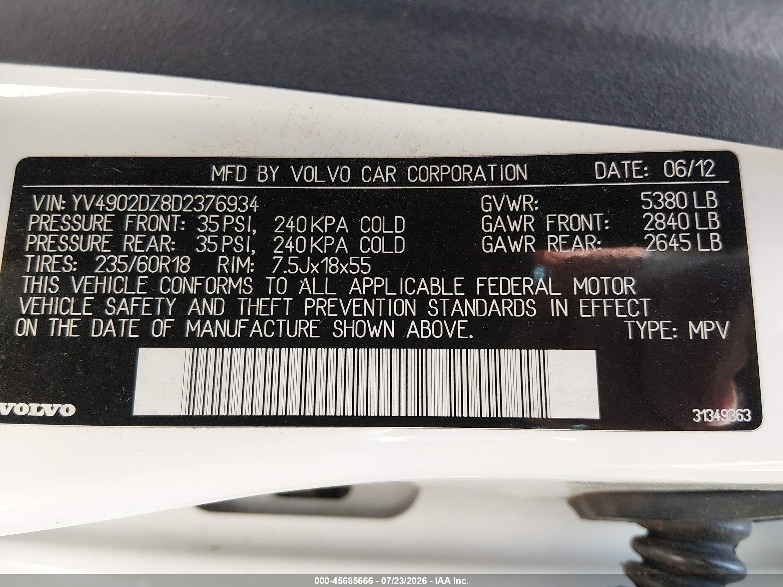 2013 Volvo Xc60 T6 White vin: YV4902DZ8D2376934