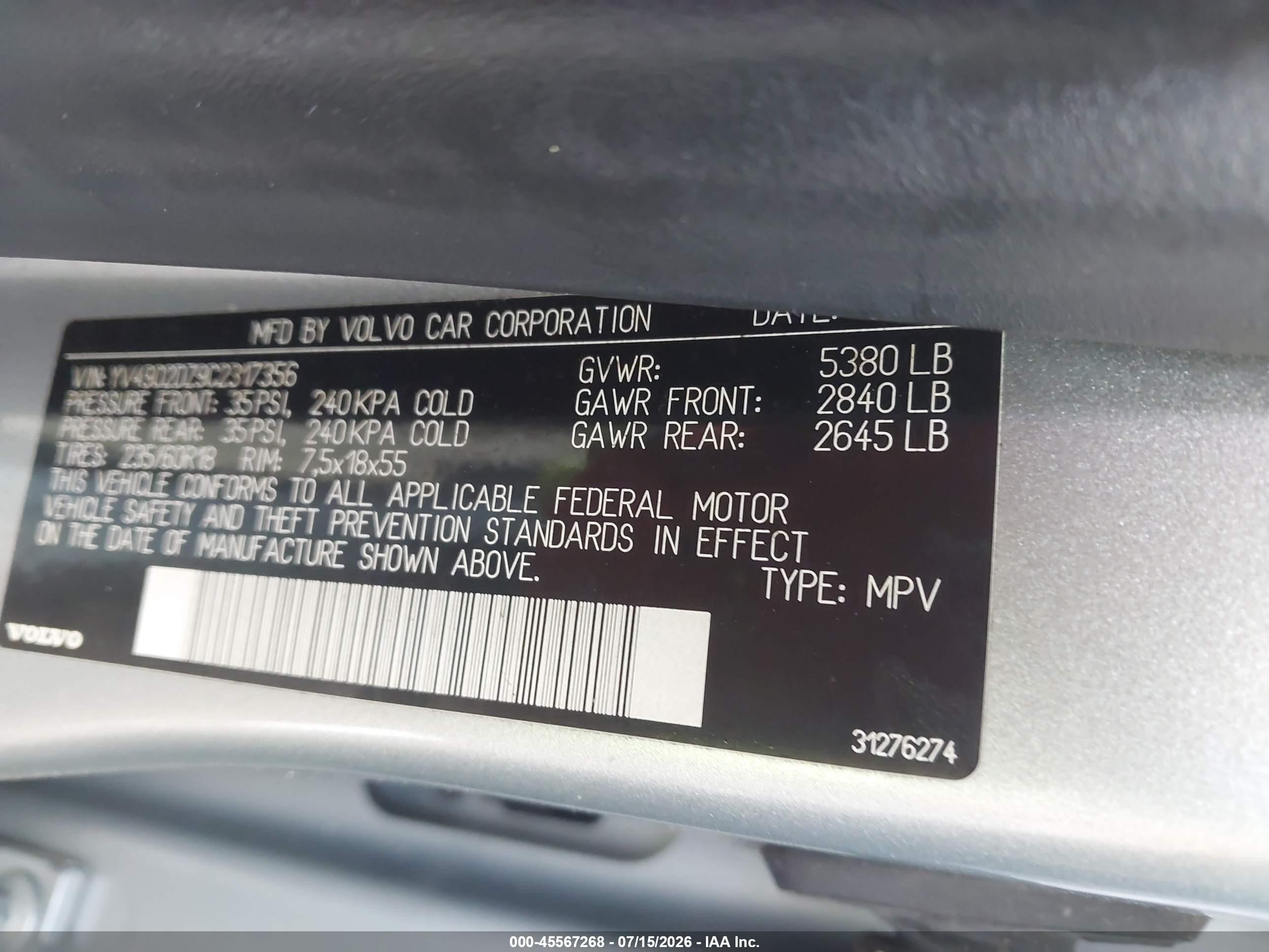 2012 Volvo Xc60 T6/t6 Platinum/t6 Premier Plus/t6 R-design/t6 R-design Platinum/t6 R-design Premier Plus Silver vin: YV4902DZ9C2317356