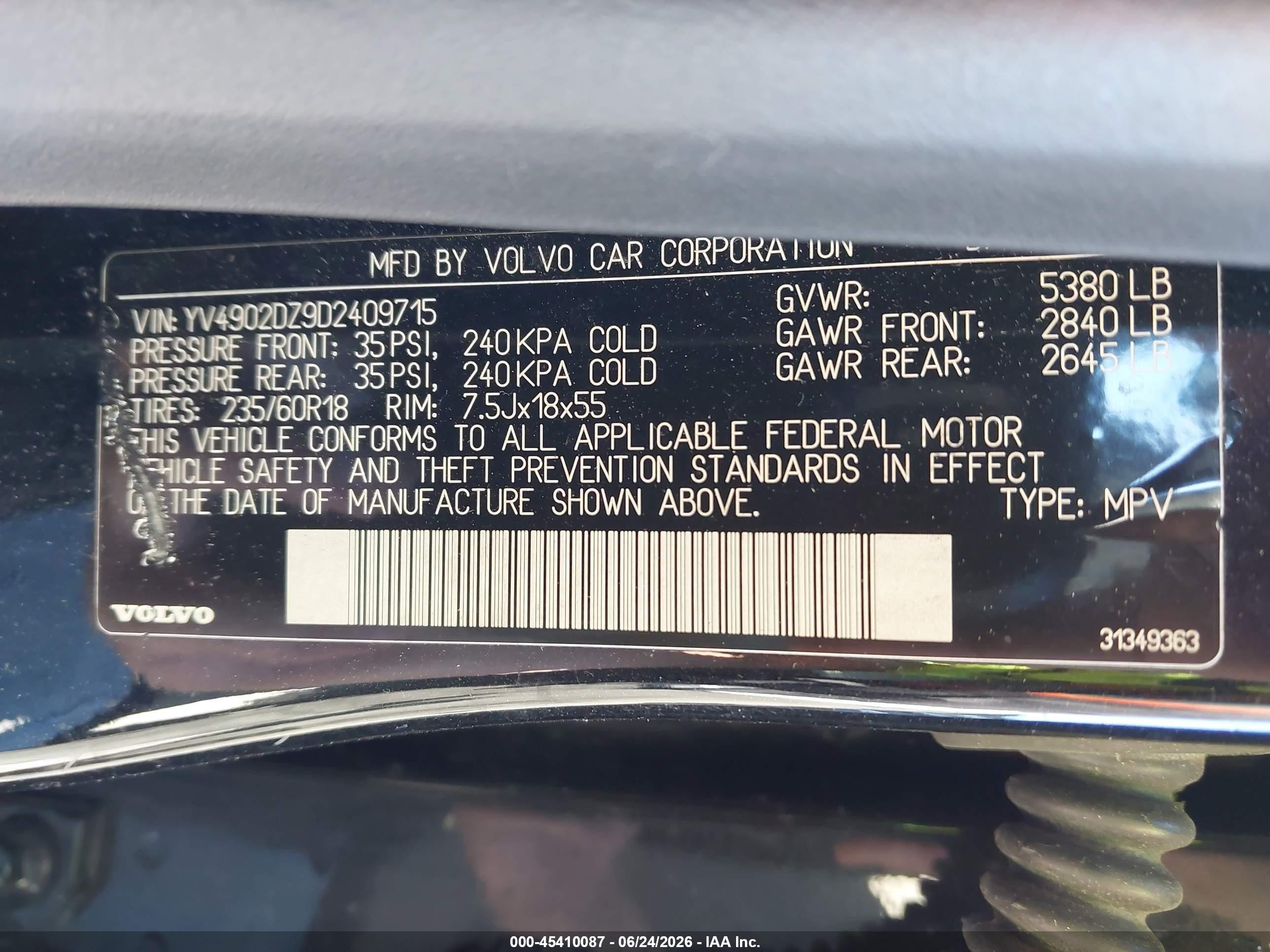 2013 Volvo Xc60 T6/t6 Platinum/t6 Premier Plus/t6 R-design/t6 R-design Platinum/t6 R-design Premier Plus Dark Blue vin: YV4902DZ9D2409715