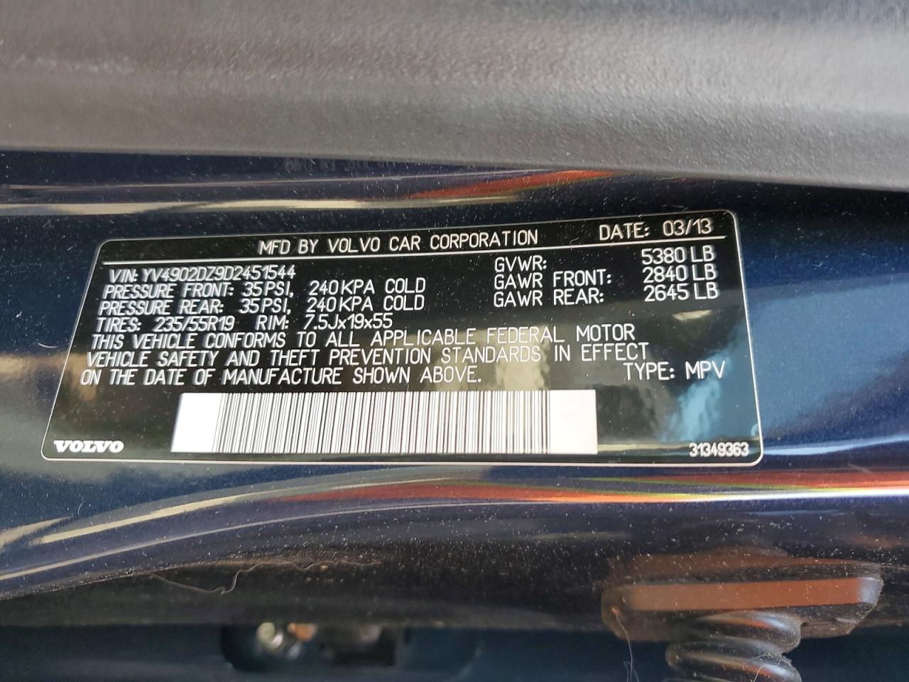 2013 Volvo Xc60 T6 Blue vin: YV4902DZ9D2451544