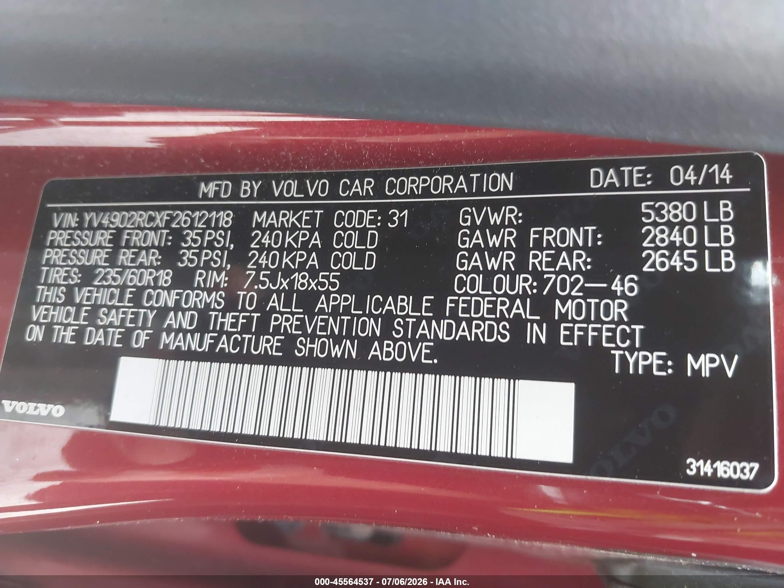2015 Volvo Xc60 T6 Premier Plus Red vin: YV4902RCXF2612118