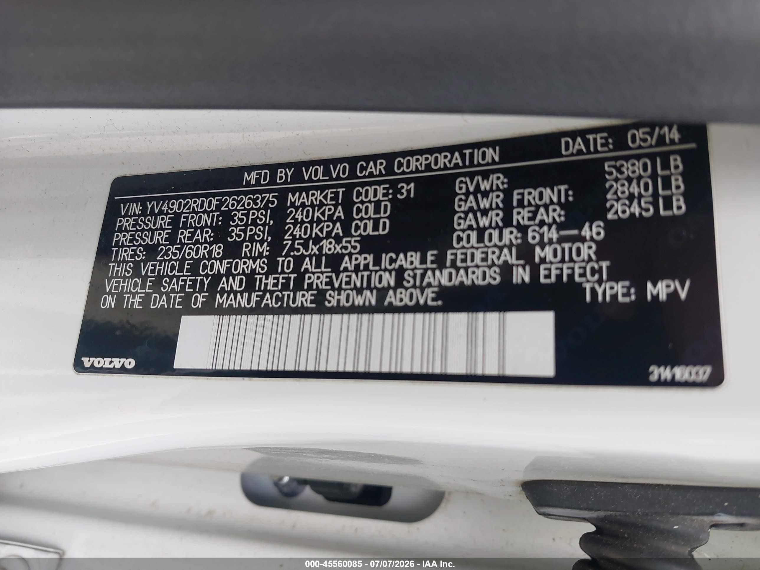 2015 Volvo Xc60 T6 Platinum White vin: YV4902RD0F2626375