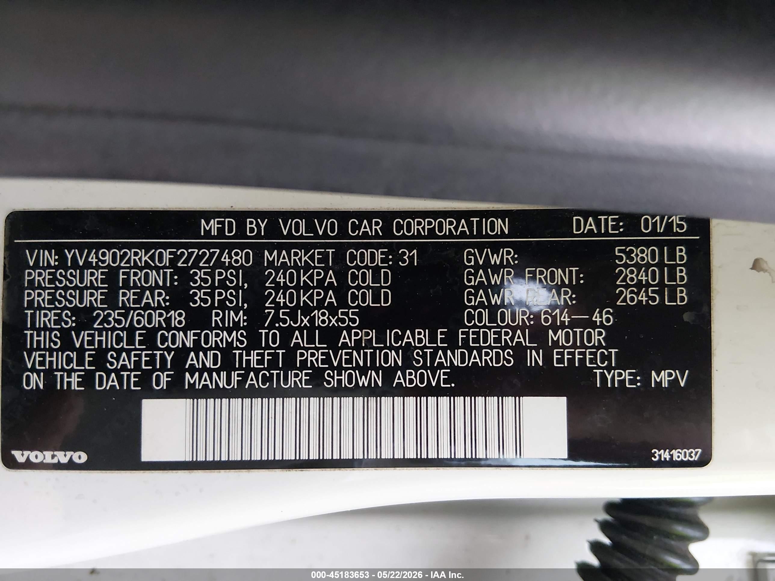 2015 Volvo Xc60 T6 White vin: YV4902RK0F2727480