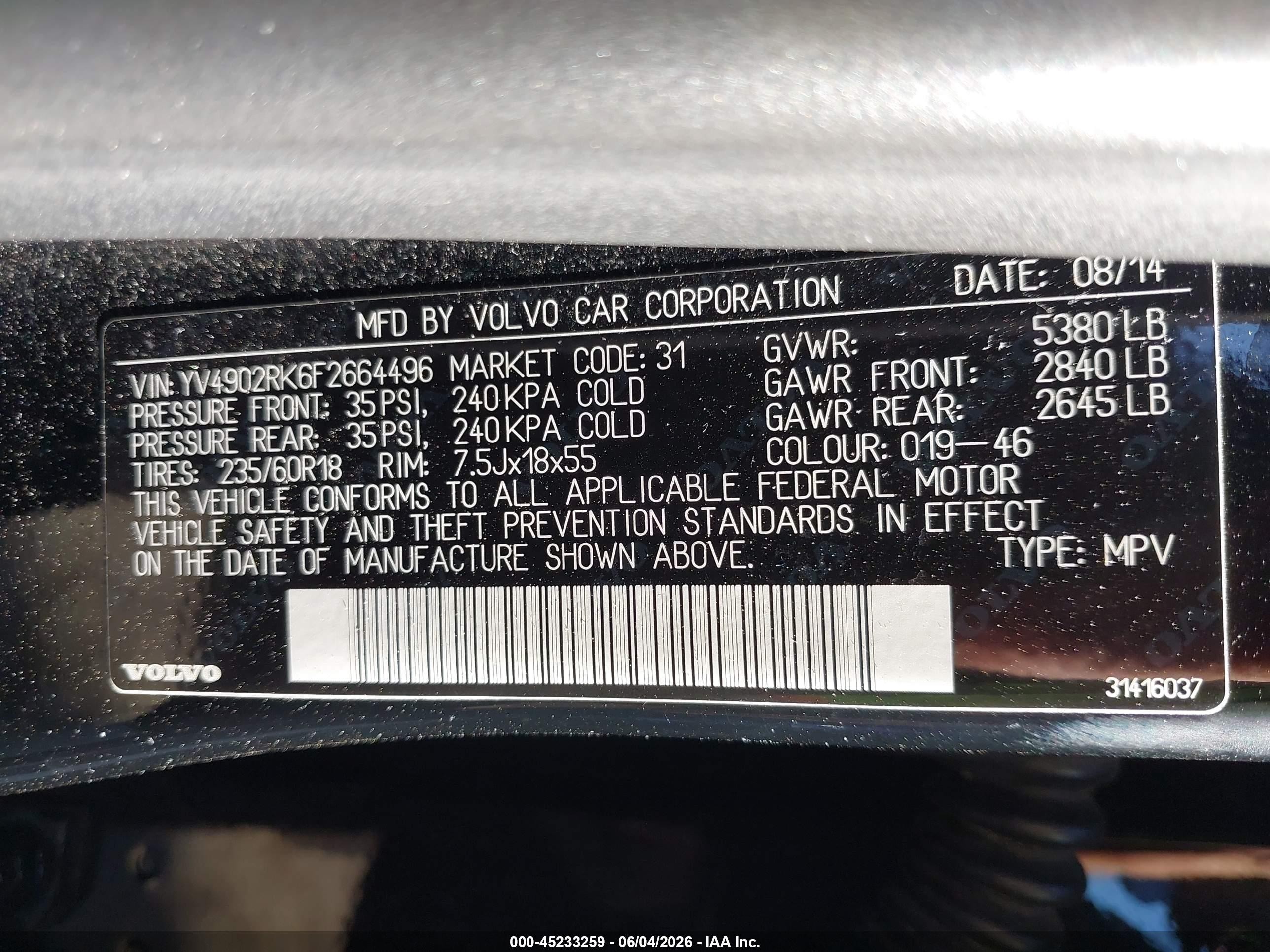 2015 Volvo Xc60 T6 Black vin: YV4902RK6F2664496