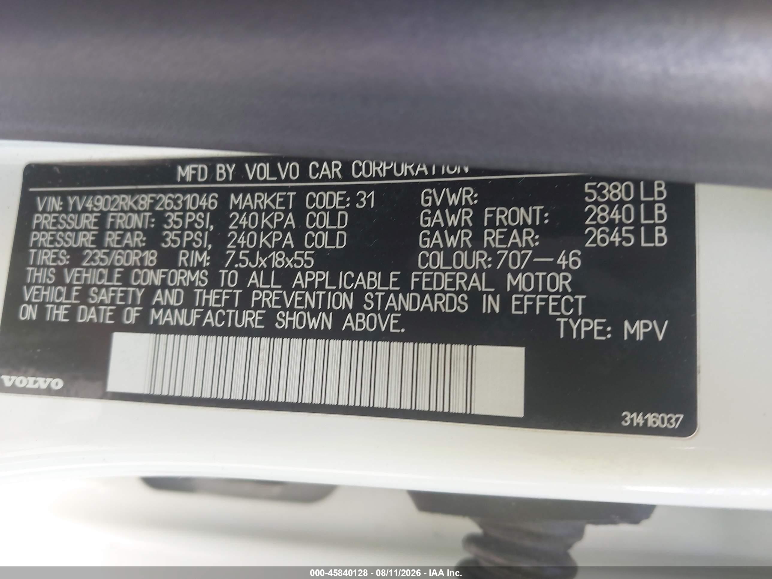 2015 Volvo Xc60 T6 White vin: YV4902RK8F2631046