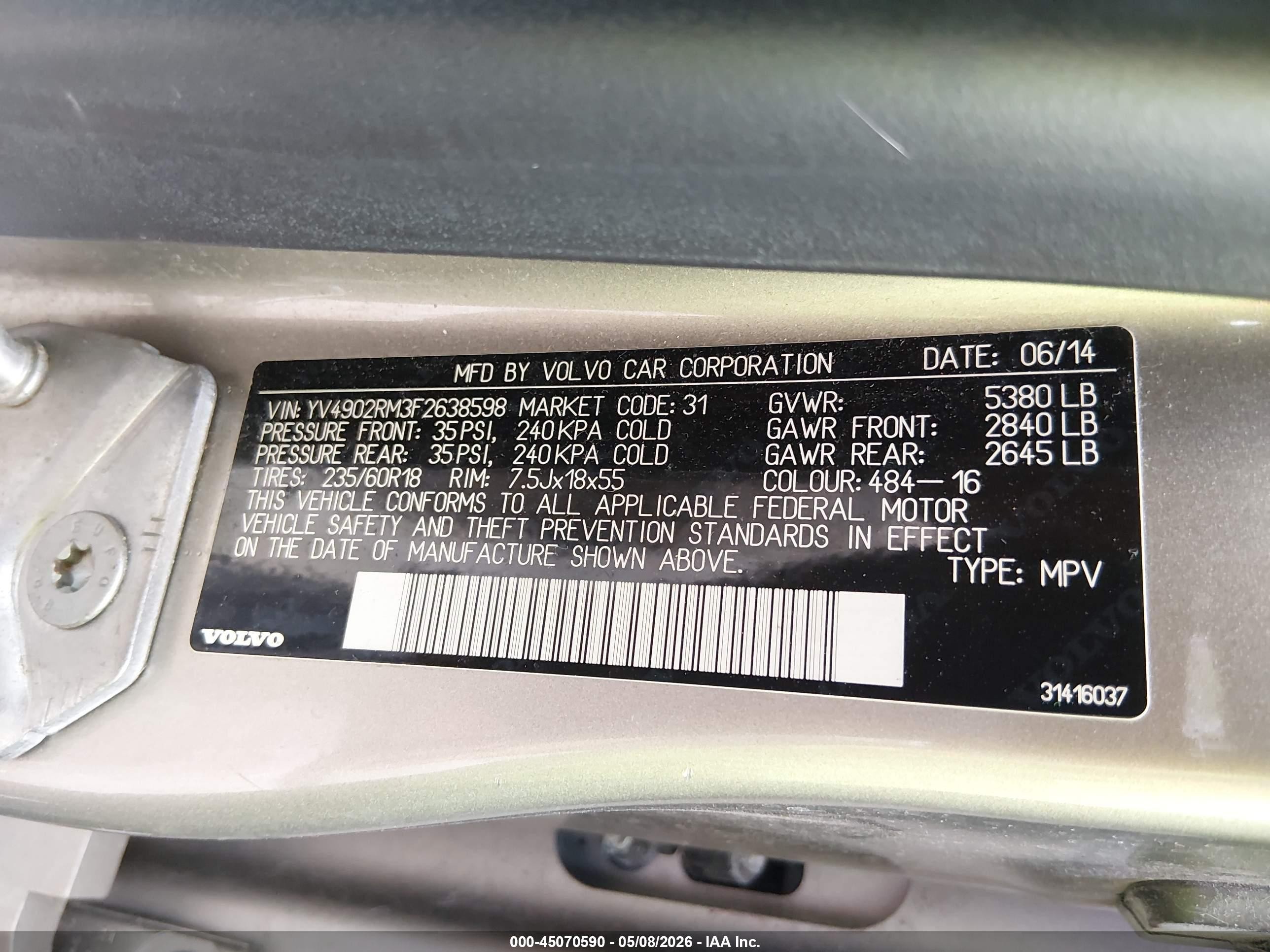 2015 Volvo Xc60 T6 Platinum Gold vin: YV4902RM3F2638598