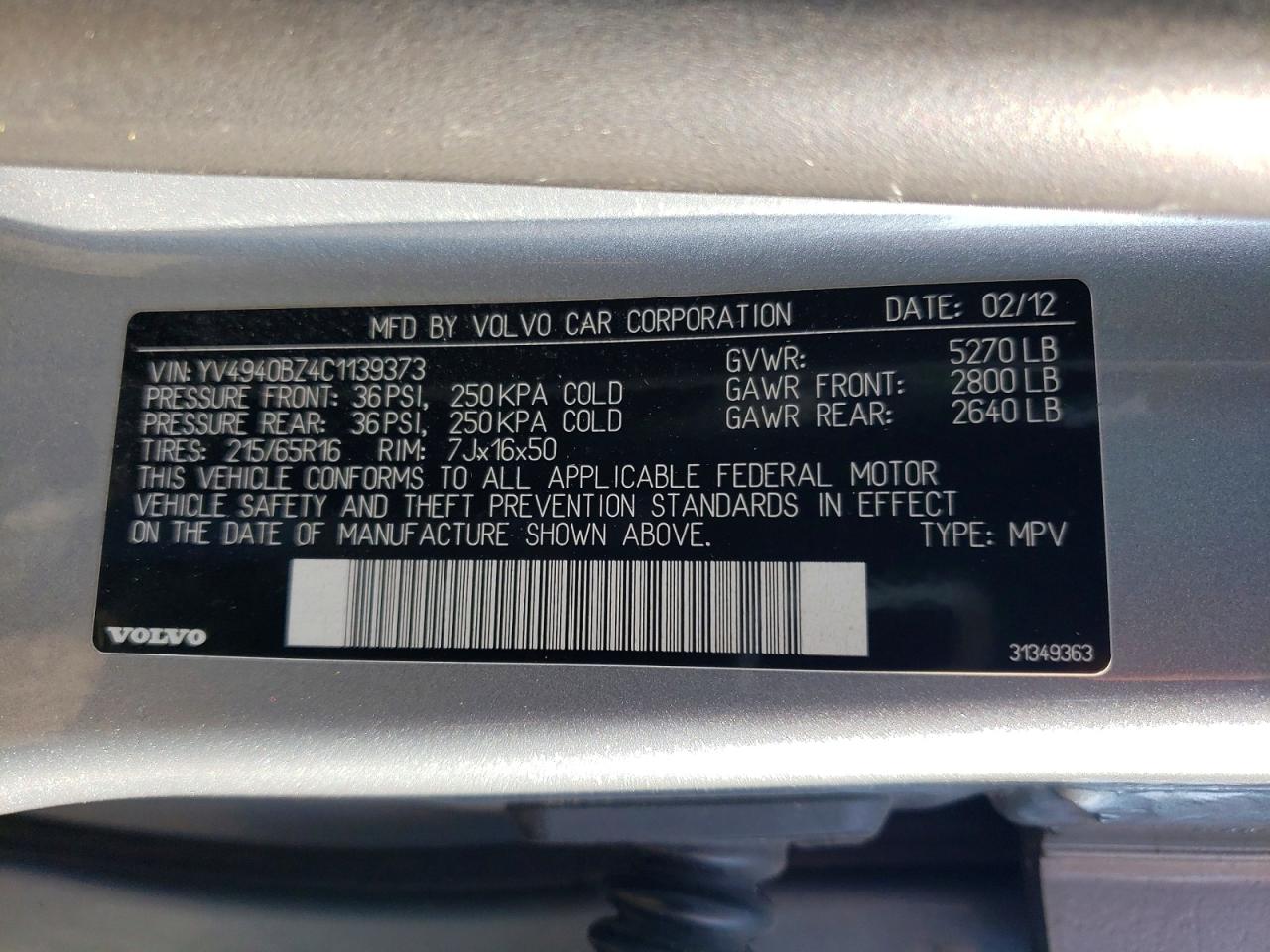 2012 Volvo Xc70 3.2 Silver vin: YV4940BZ4C1139373