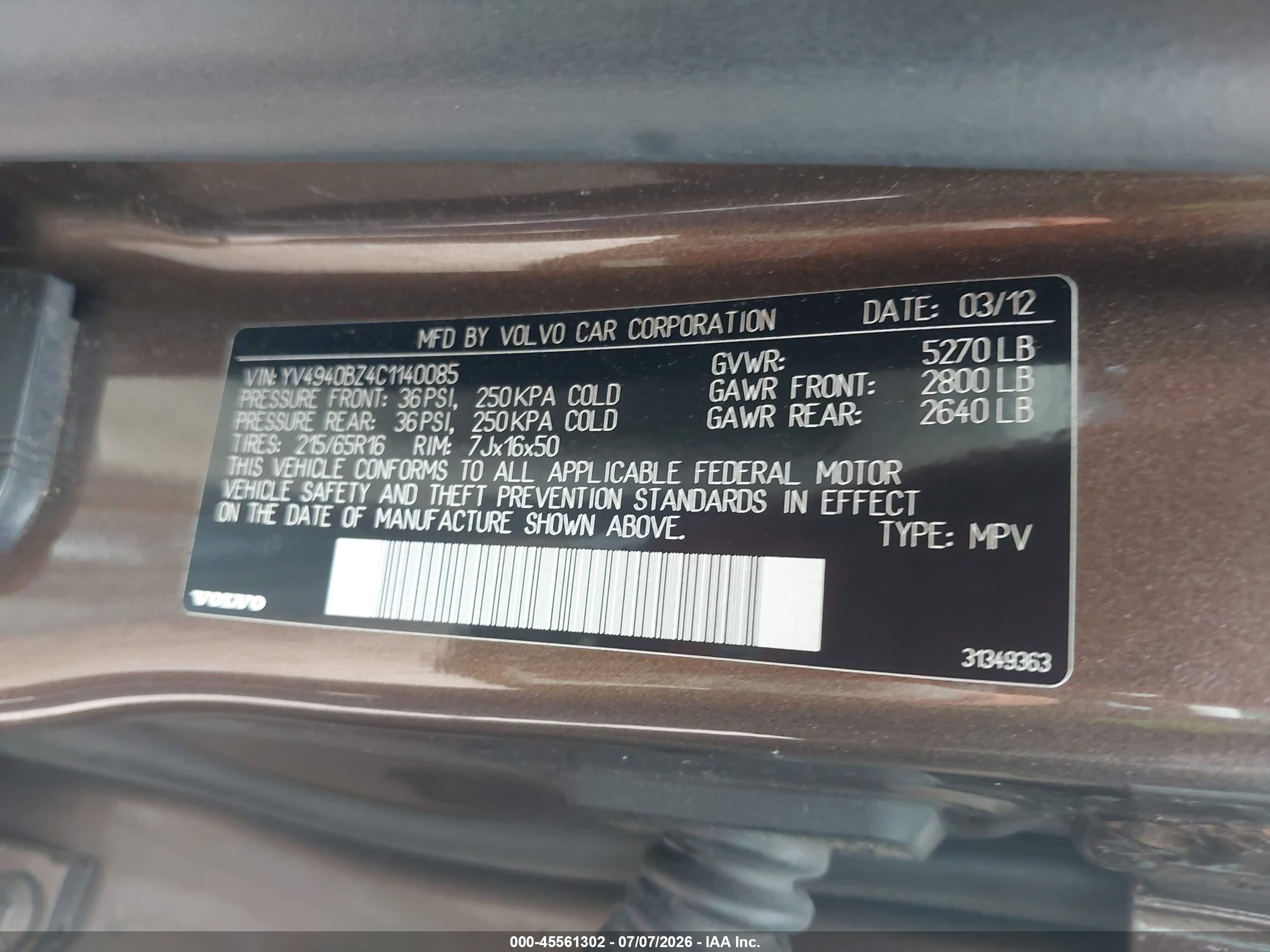 2012 Volvo Xc70 3.2l/3.2l Platinum/3.2l Premier/3.2l Premier Plus Brown vin: YV4940BZ4C1140085