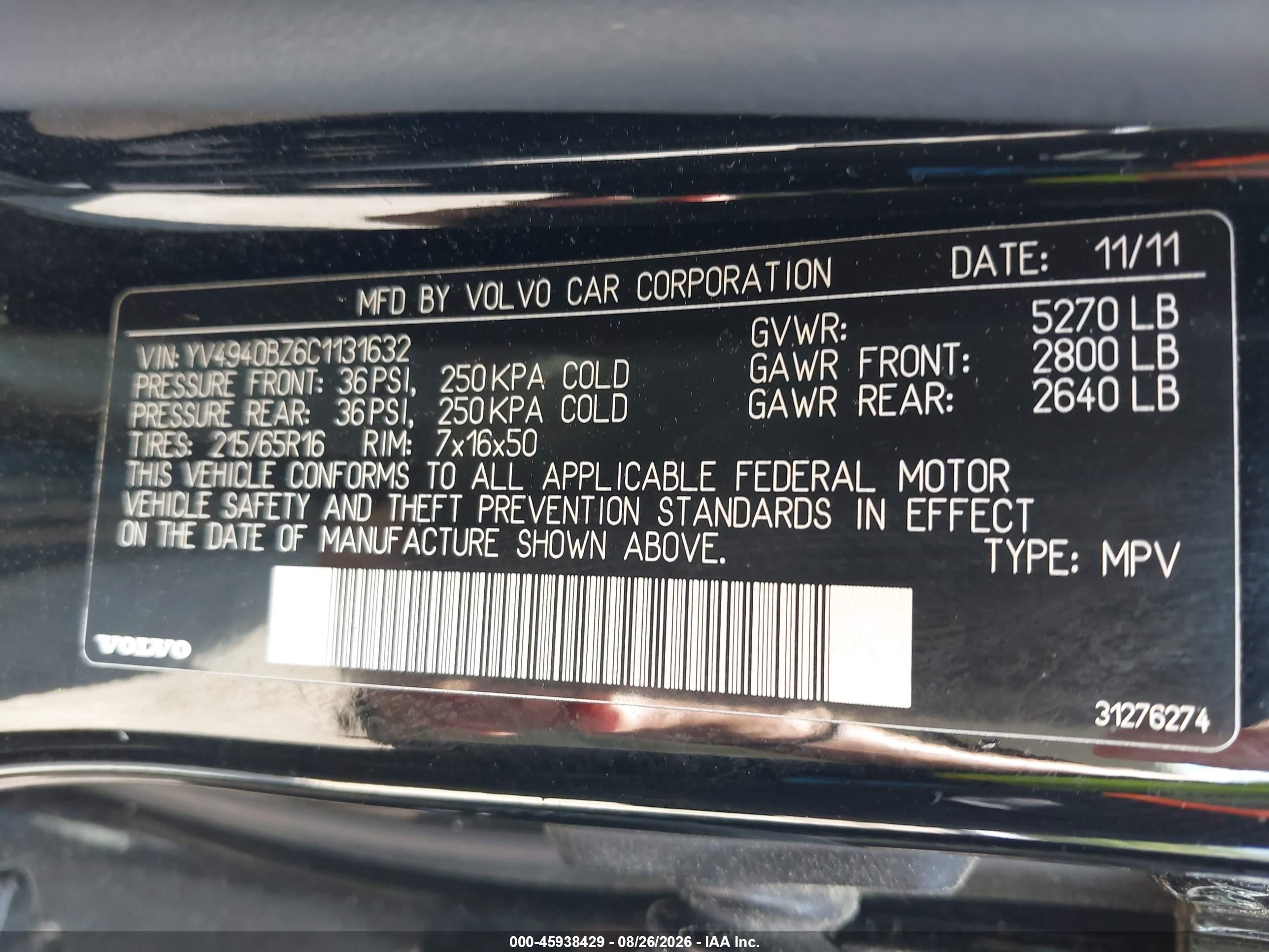 2012 Volvo Xc70 3.2l Premier Black vin: YV4940BZ6C1131632